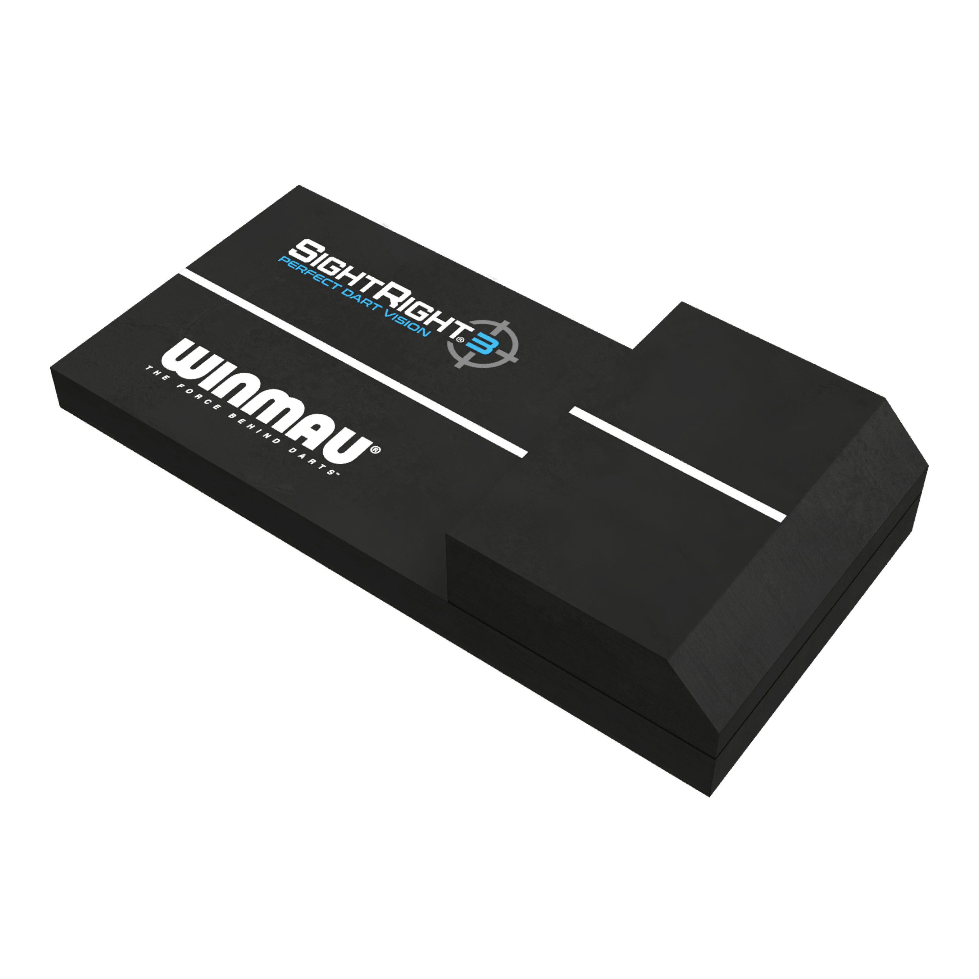Winmau SightRight 3 - Compact Das Bild zeigt das Produkt "Winmau SightRight 3 - Compact", ein Hilfsmittel für Dartspieler. Es ist schwarz und hat weiße Linien sowie die Aufschriften "Winmau" und "SightRight 3" auf der Oberfläche.