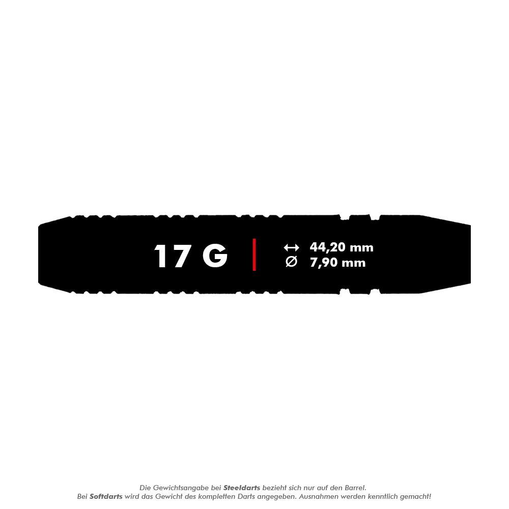 SO20-5_Royal_Softdarts_5_17g Dies ist ein Bild des Produkts "Royal Softdarts - 17g". Der Dart wiegt 17 Gramm und hat die Maße 44,20 mm Länge und 7,90 mm Durchmesser.