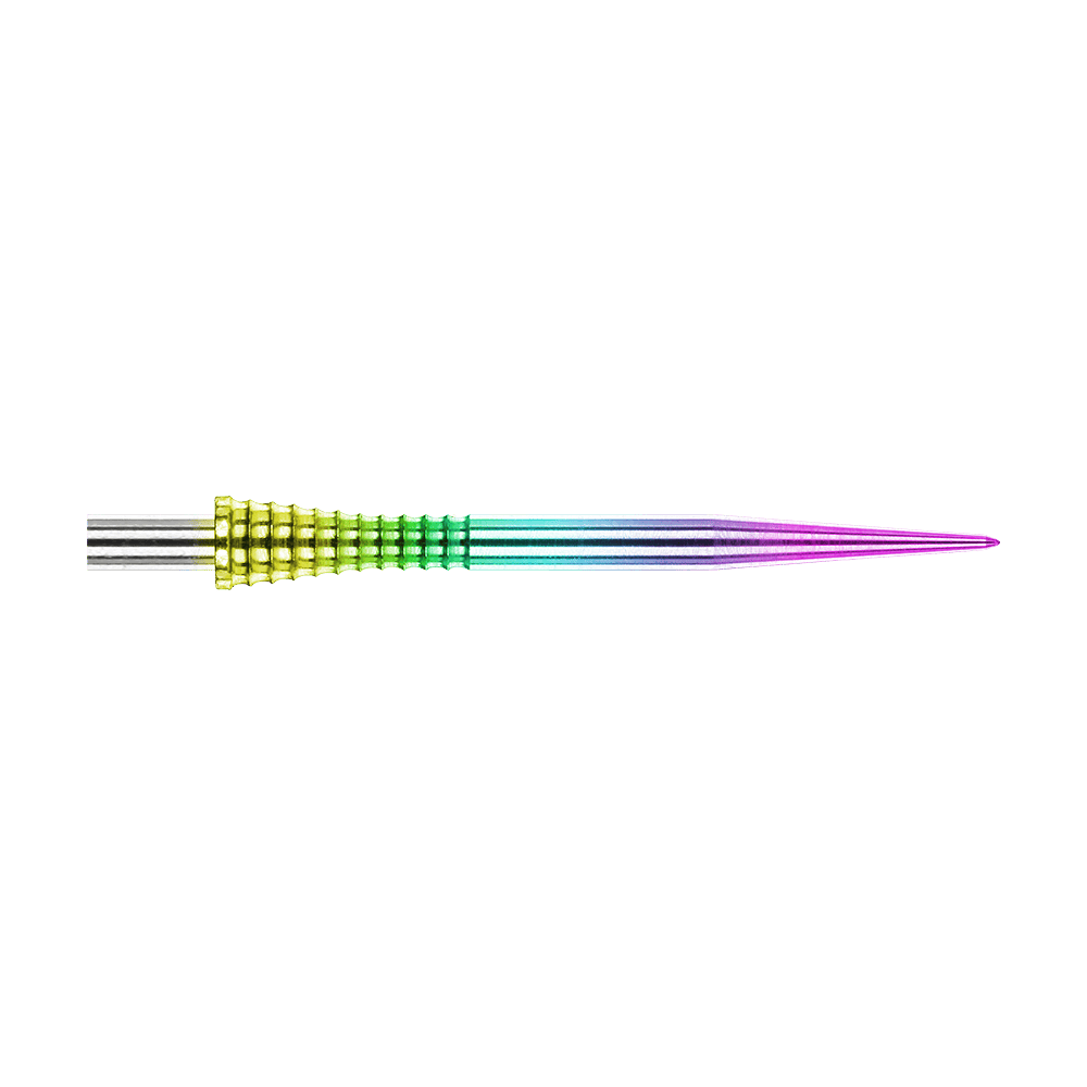 Red Dragon Raptor Gripped Rainbow steel dart tips 30mm Auf dem Bild ist eine Red Dragon Raptor Gripped Rainbow Steeldartspitze mit einer Länge von 38 mm zu sehen. Die Spitze besitzt einen farbigen Regenbogeneffekt und eine geriffelte Grifffläche.