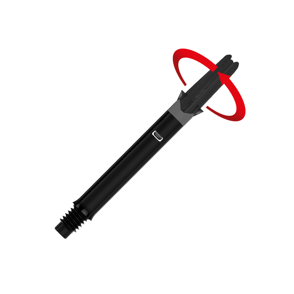 L-L-Style-Shafts Silent Straight - Black Das Bild zeigt einen schwarzen geraden Dart-Schaft ohne Kappen. Ein roter Pfeil deutet darauf hin, dass sich das obere Ende des Schafts drehen kann.