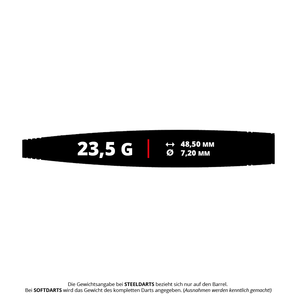 Abgebildet ist der Caliburn Chord C2 Steeldart mit einem Gewicht von 23,5g. Der Dart eignet sich für ambitionierte Spieler und hat ein schlankes Design.