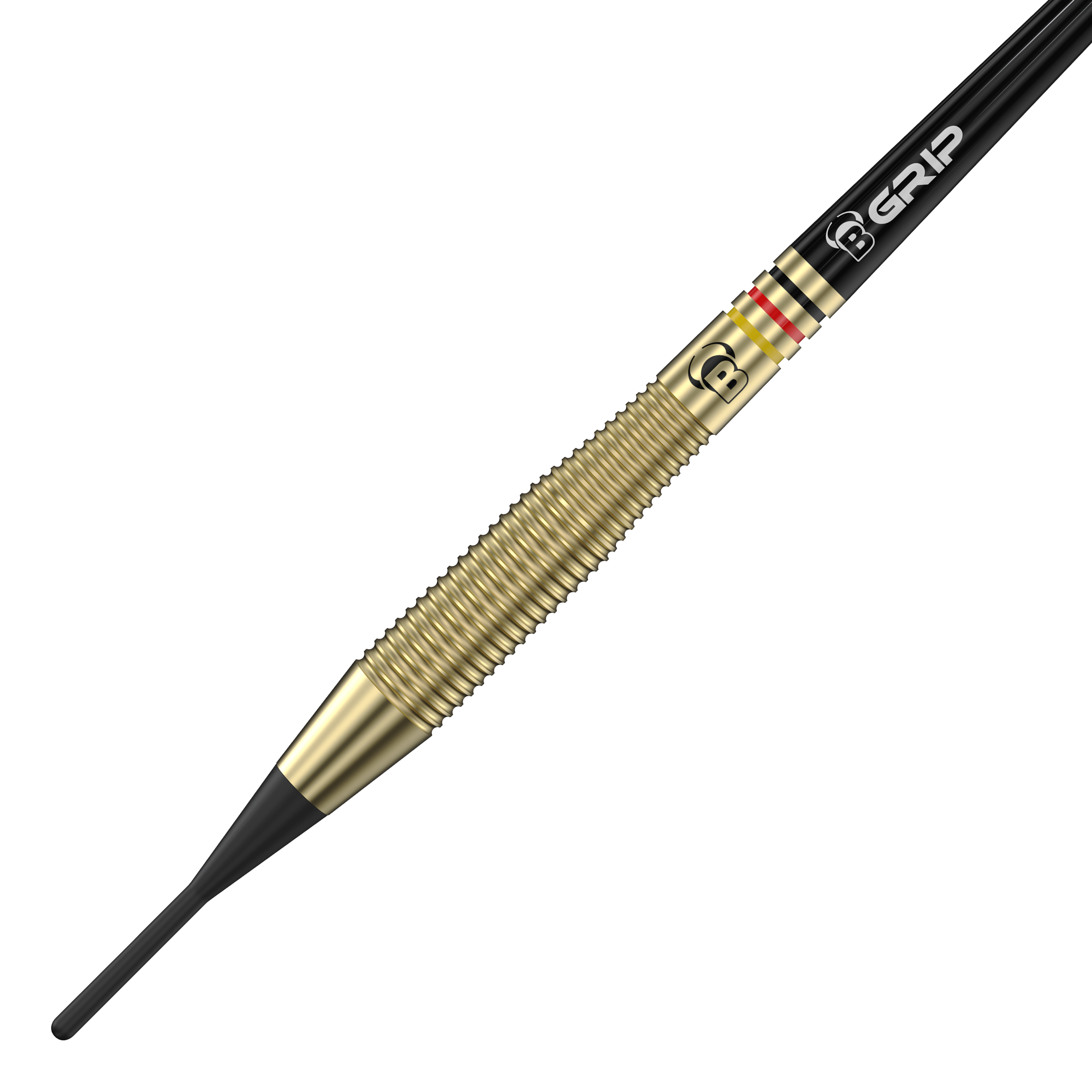 Bulls Martin Schindler The Wall Brass Softdarts - 18g Das Bild zeigt einen Bulls Martin Schindler The Wall Brass Softdart mit einem Gewicht von 18g. Der Dartpfeil hat einen goldfarbenen, geriffelten Messingkörper und eine schwarze Softspitze.