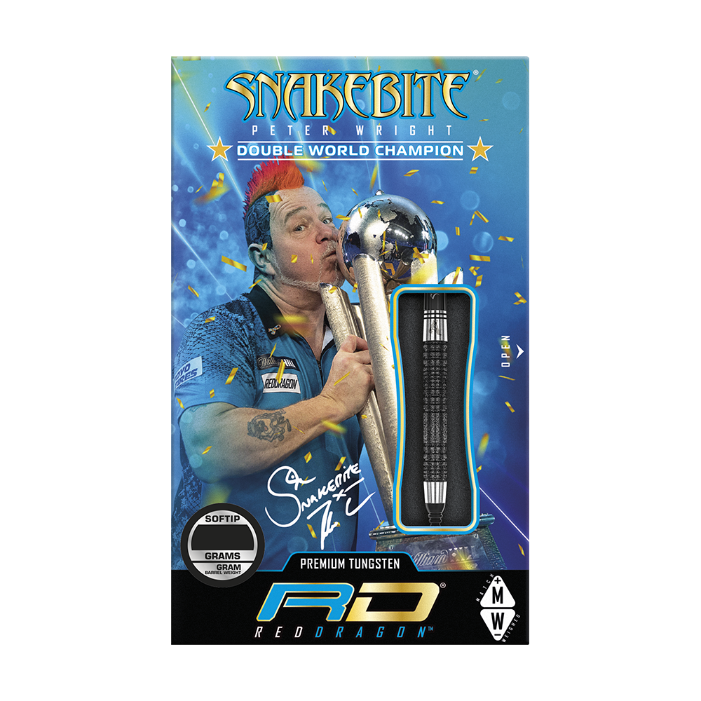 Die Verpackung zeigt die "Red Dragon Peter Wright Double World Champion SE Black Softdarts - 20g" mit einem Bild von Peter Wright und seinem Weltmeistertitel. Ein Dartpfeil ist durch ein Sichtfenster sichtbar dargestellt.