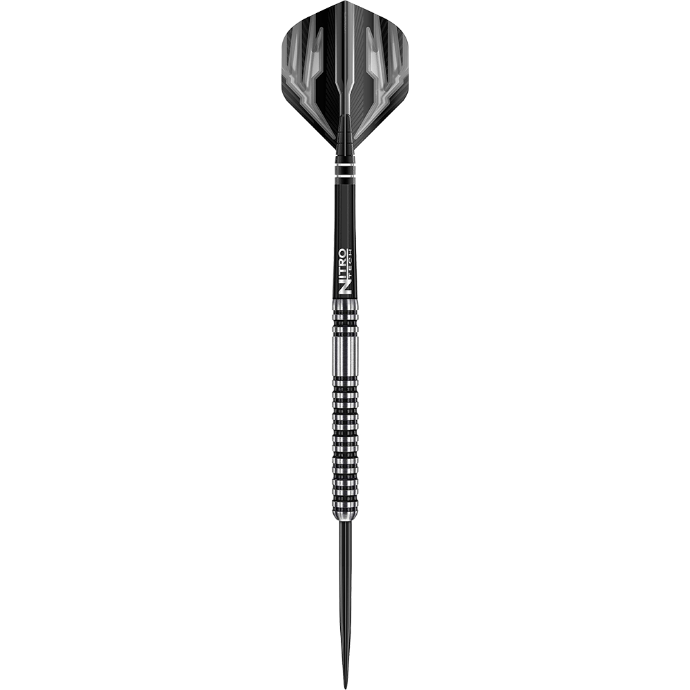 RD1892-RedDragon-Dragonfly-3-Steeldarts-1 Das Bild zeigt einen schwarzen Dartpfeil mit silbernen Rillen. Er hat eine strukturierte Griffzone und einen schwarzen Flight mit dezentem Muster.