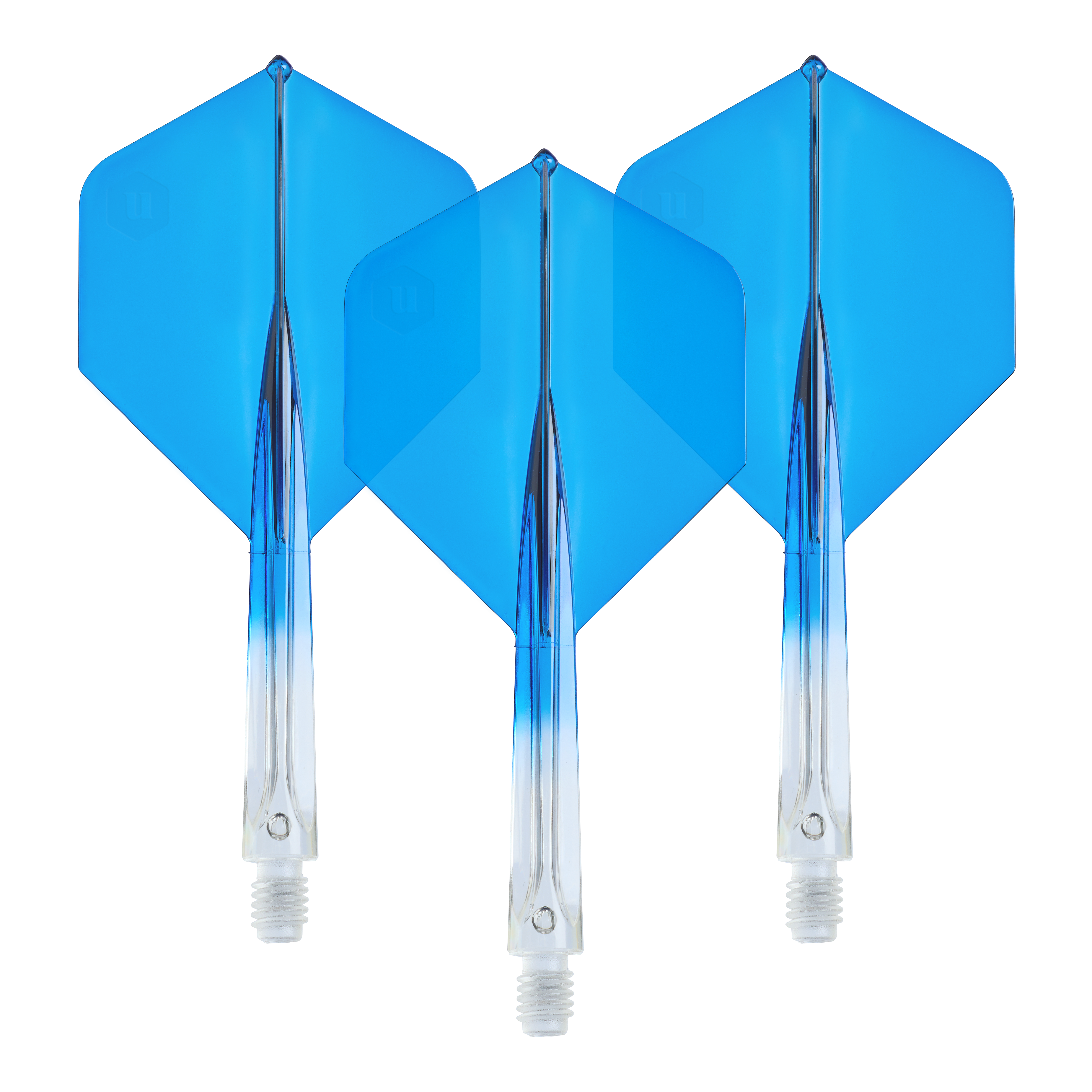 Unicorn Forge Two Tone No2 Standard Flights in Klar Blau, Medium, als Set dargestellt. Sie eignen sich zum Auswechseln für Dartpfeile.