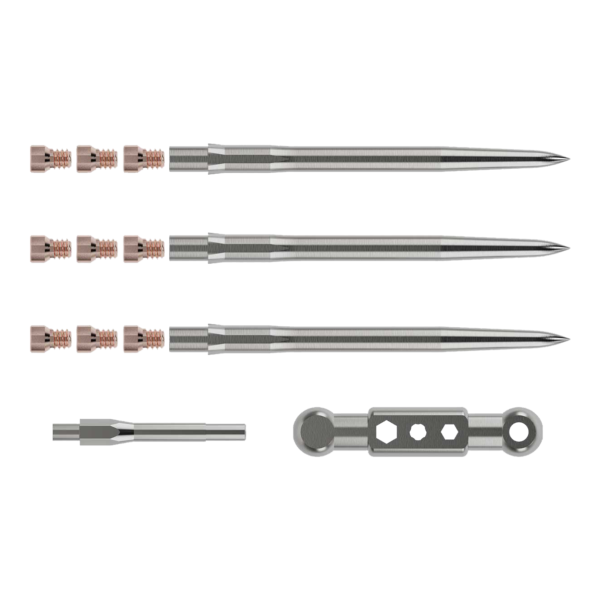 Caliburn Starter Kit Das Bild zeigt das Caliburn Starter-Kit mit mehreren metallischen Komponenten. Zu sehen sind lange, spitze Stäbe, kleine Schrauben sowie zwei weitere Werkzeugteile.