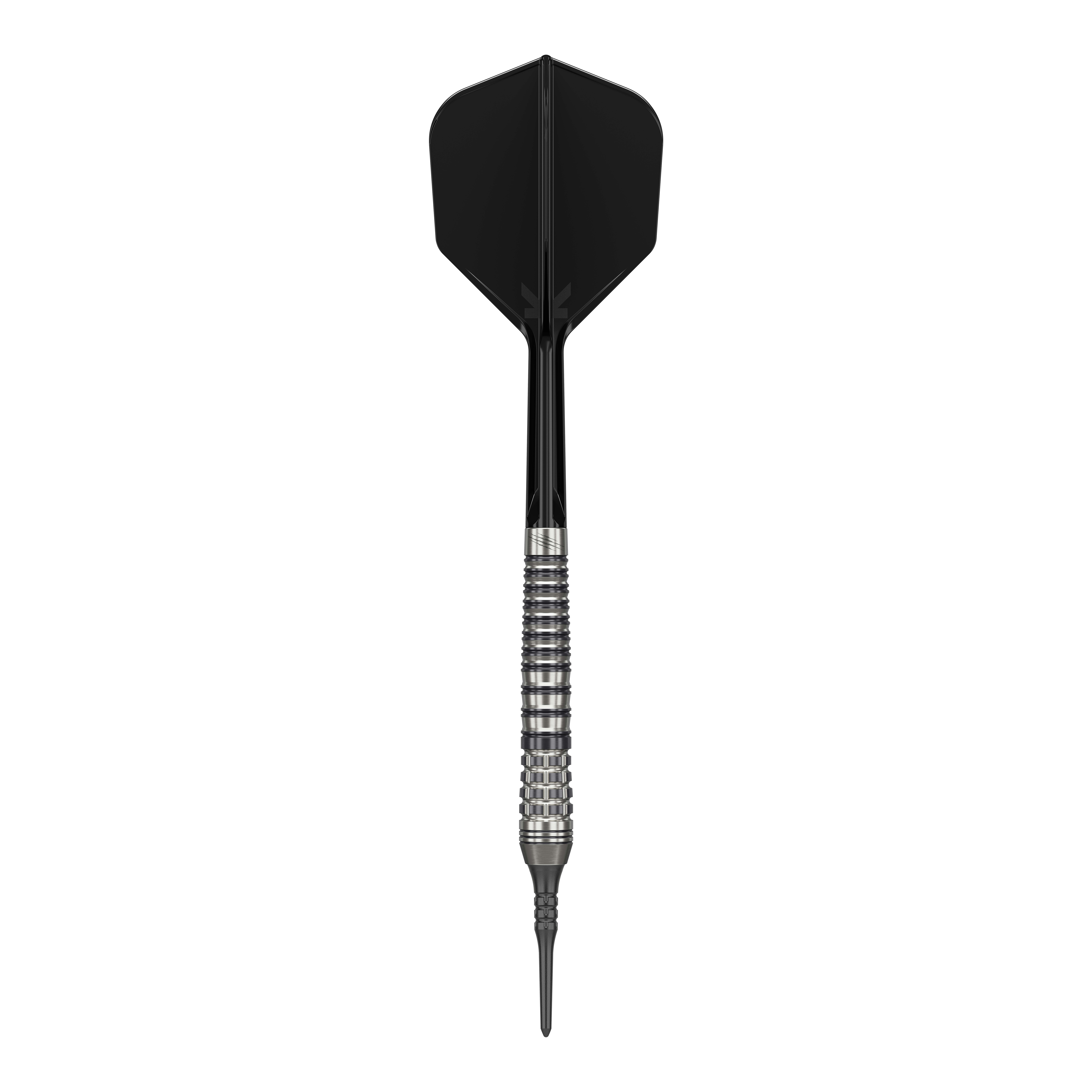 Das Bild zeigt einen schwarzen Softdart namens "Target Japan Black Marque Renegade 4" mit einem Gewicht von 19g. Der Dart hat ein elegantes Design mit einem strukturierten Griff und schwarzer Spitze sowie schwarzem Flight.