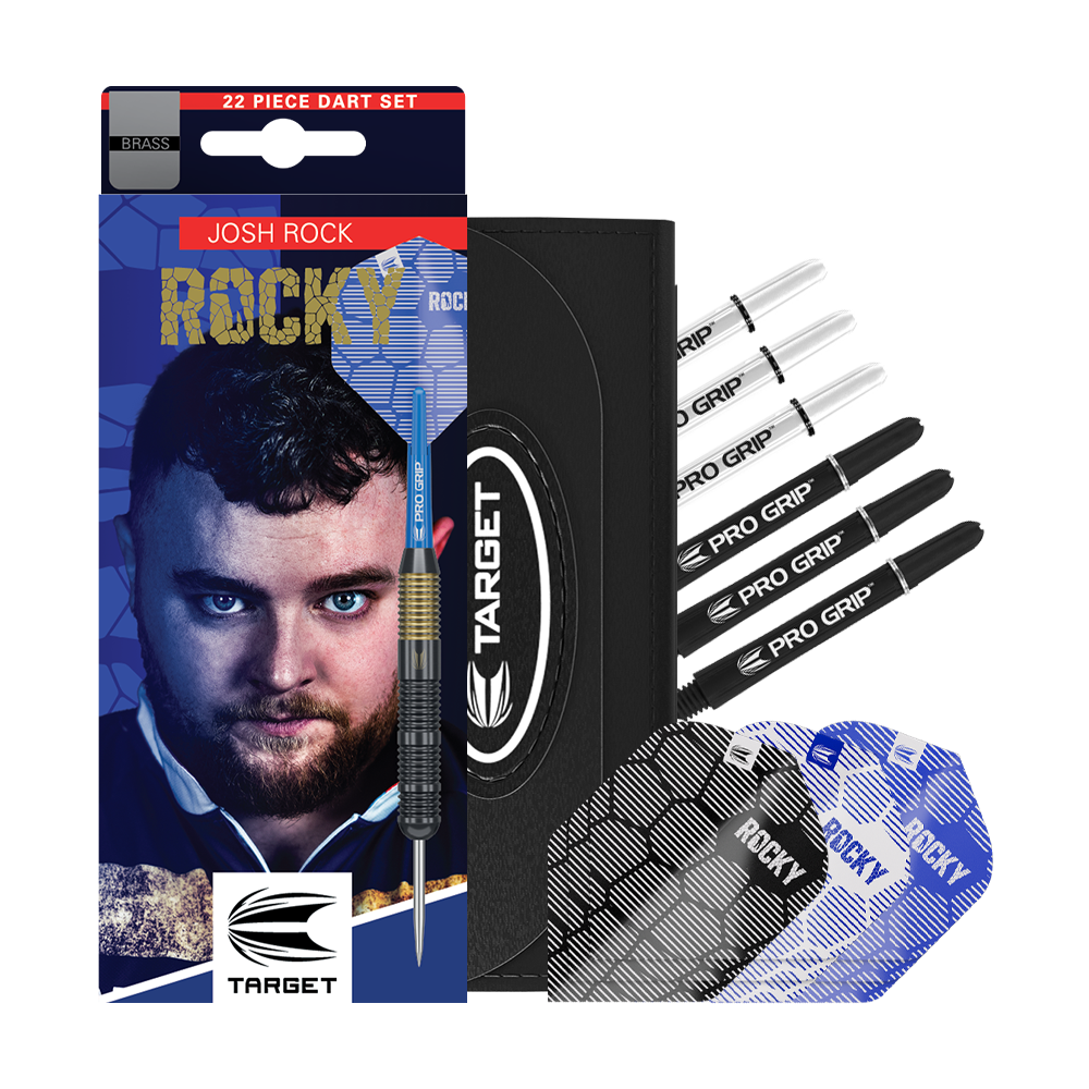 Target Josh Rock Brass Steel Darts - 22g Das Bild zeigt das Produkt "Target Josh Rock Brass Steeldarts - 22g" mit Verpackung, Dartpfeilen und Zubehör. Das Set enthält mehrere Flights und Schäfte sowie ein Etui.