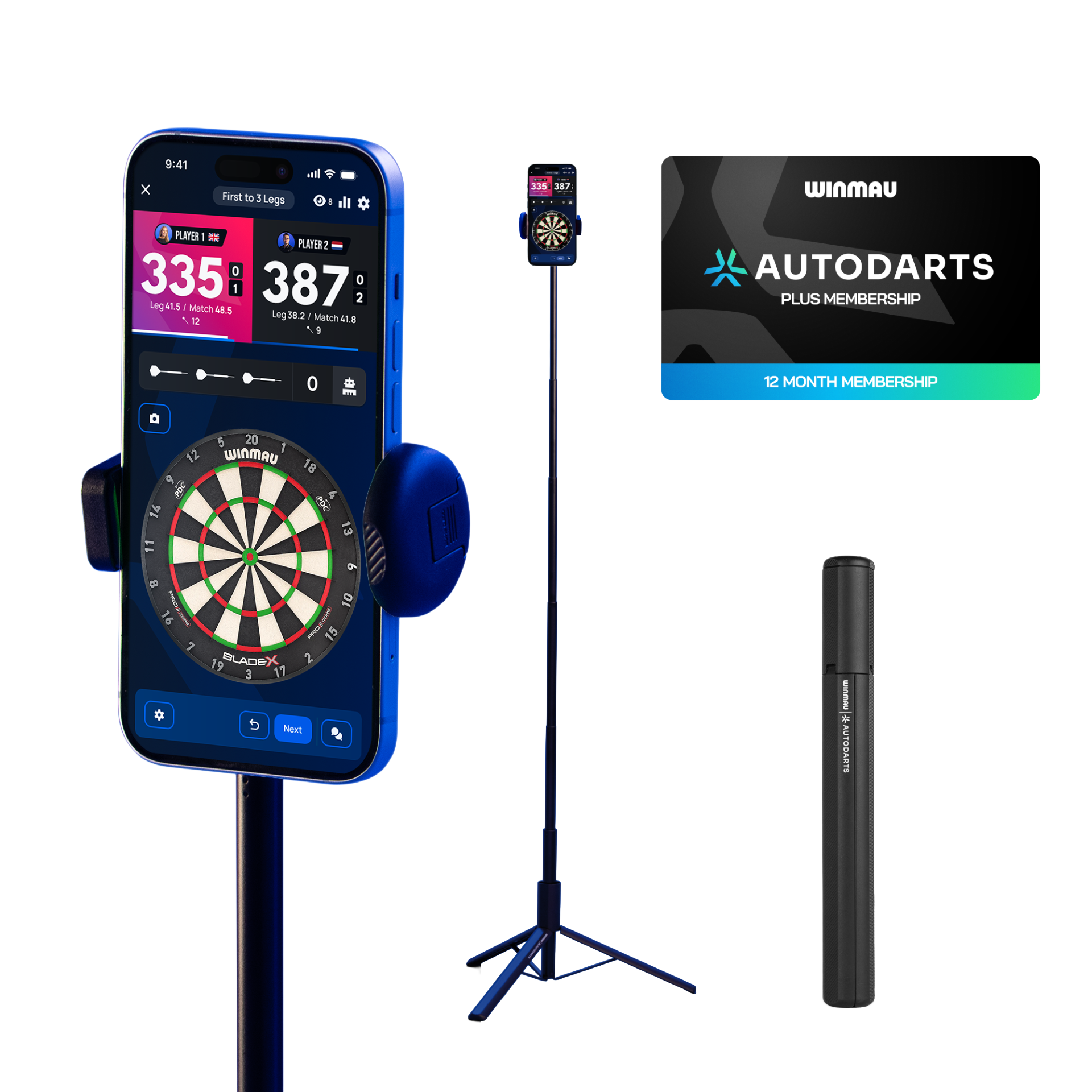 Winmau Device Stand & 12 Months Membership Bundle Das Foto zeigt das Winmau Device Stand & 12 Monate Membership Bundle. Das Bundle enthält einen Gerätehalter und eine Jahresmitgliedschaft.