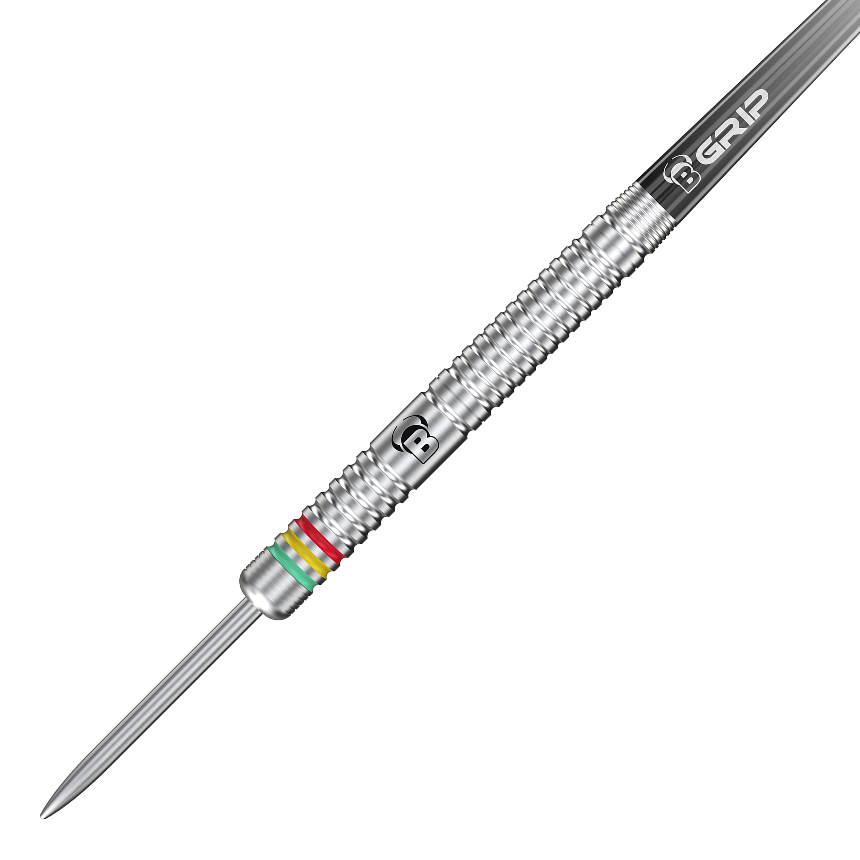 Das Bild zeigt einen silbernen Steeldart mit Rillen und bunten Ringen nahe der Spitze. Auf dem Dart steht "B GRIP" und es handelt sich um das Modell "Bulls Martijn Dragt Steeldarts - 24g".