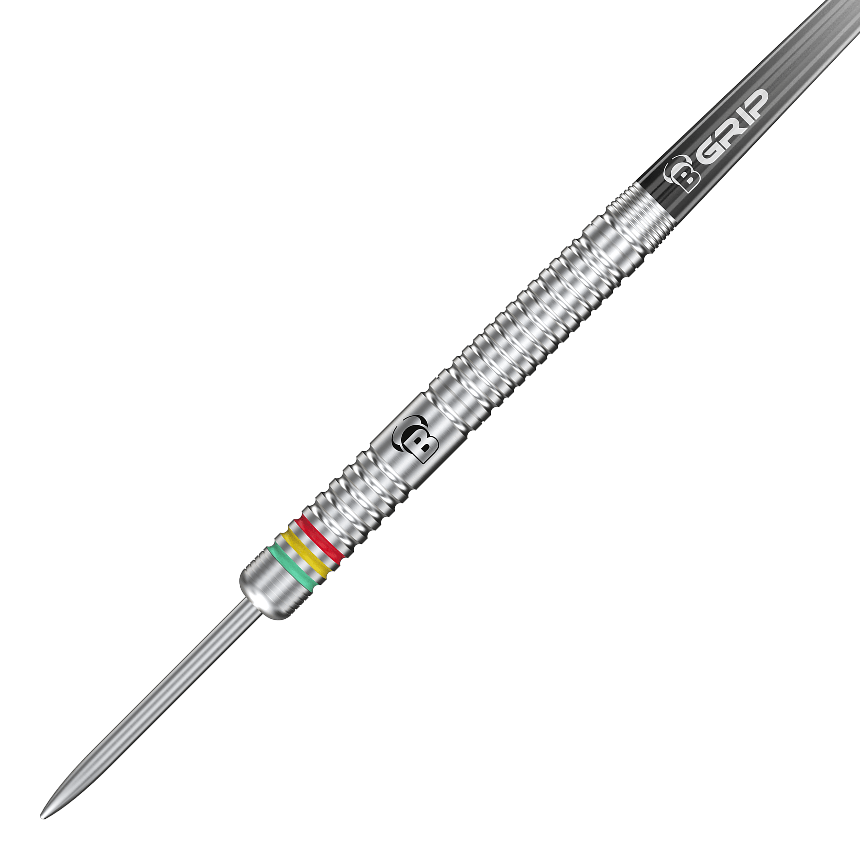 Bulls Martijn Dragt Steel Darts - 24g Das Bild zeigt einen silbernen Steeldart mit Rillen und bunten Ringen nahe der Spitze. Auf dem Dart steht "B GRIP" und es handelt sich um das Modell "Bulls Martijn Dragt Steeldarts - 24g".