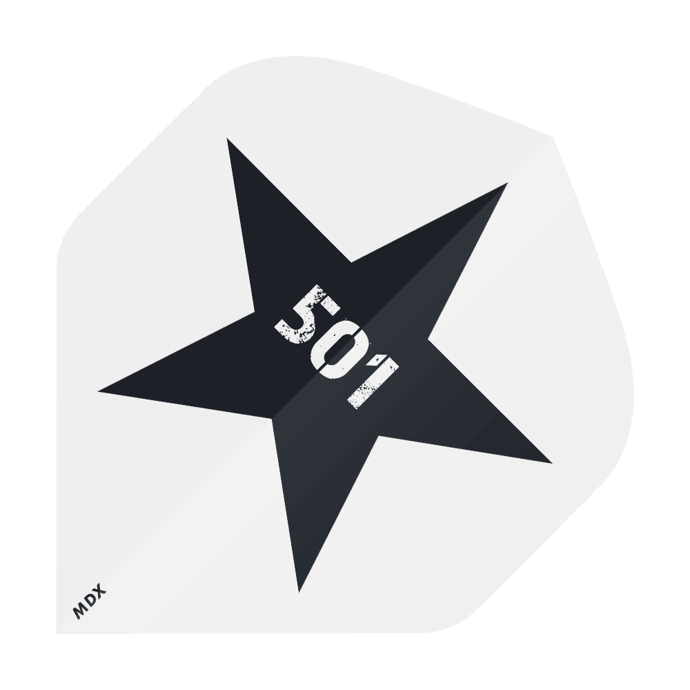MD-401-4SLog_4-seitig_Bedruckte_Flights_Logo_MDX_3 Das Bild zeigt einen schwarzen Stern auf weißem Hintergrund mit der Zahl "501" in der Mitte. In der unteren linken Ecke steht klein der Schriftzug "MDX".