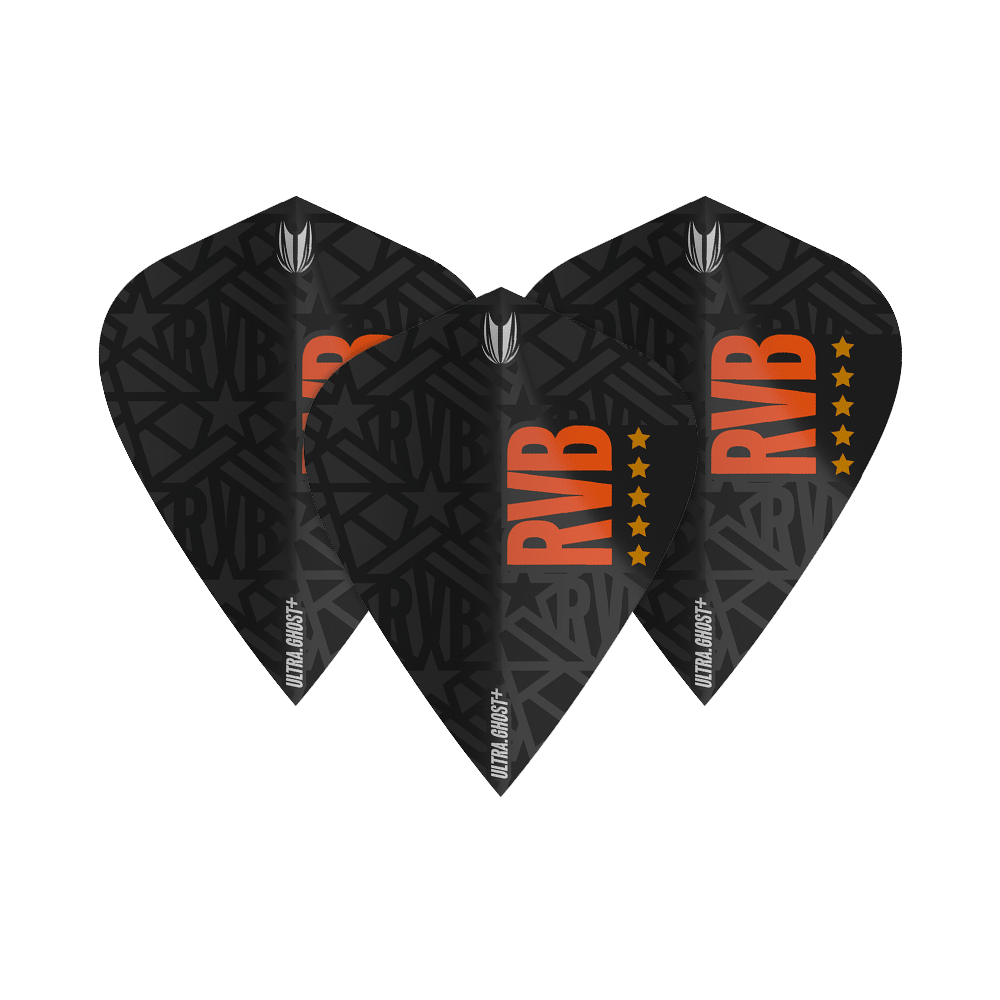 Das Bild zeigt drei schwarze Dartflights mit dem Schriftzug "RVB" in orange und einem Muster im Hintergrund. Die Flights tragen zusätzlich die Aufschrift "ULTRA GHOST+" und sind mit fünf Sternen versehen.