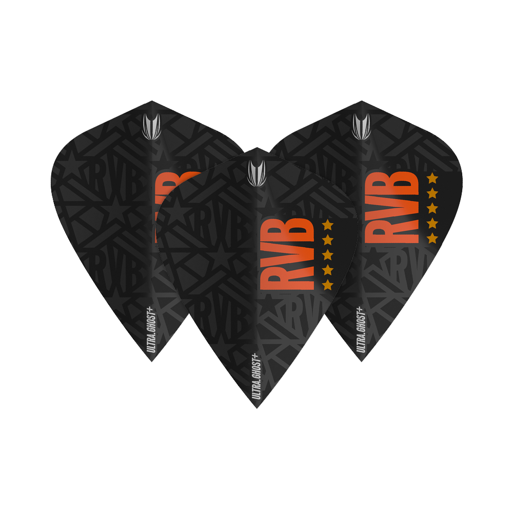 Target UltraGhost Raymond Van Barneveld GEN2 Kite Flights Das Bild zeigt drei schwarze Dartflights mit dem Schriftzug "RVB" in orange und einem Muster im Hintergrund. Die Flights tragen zusätzlich die Aufschrift "ULTRA GHOST+" und sind mit fünf Sternen versehen.