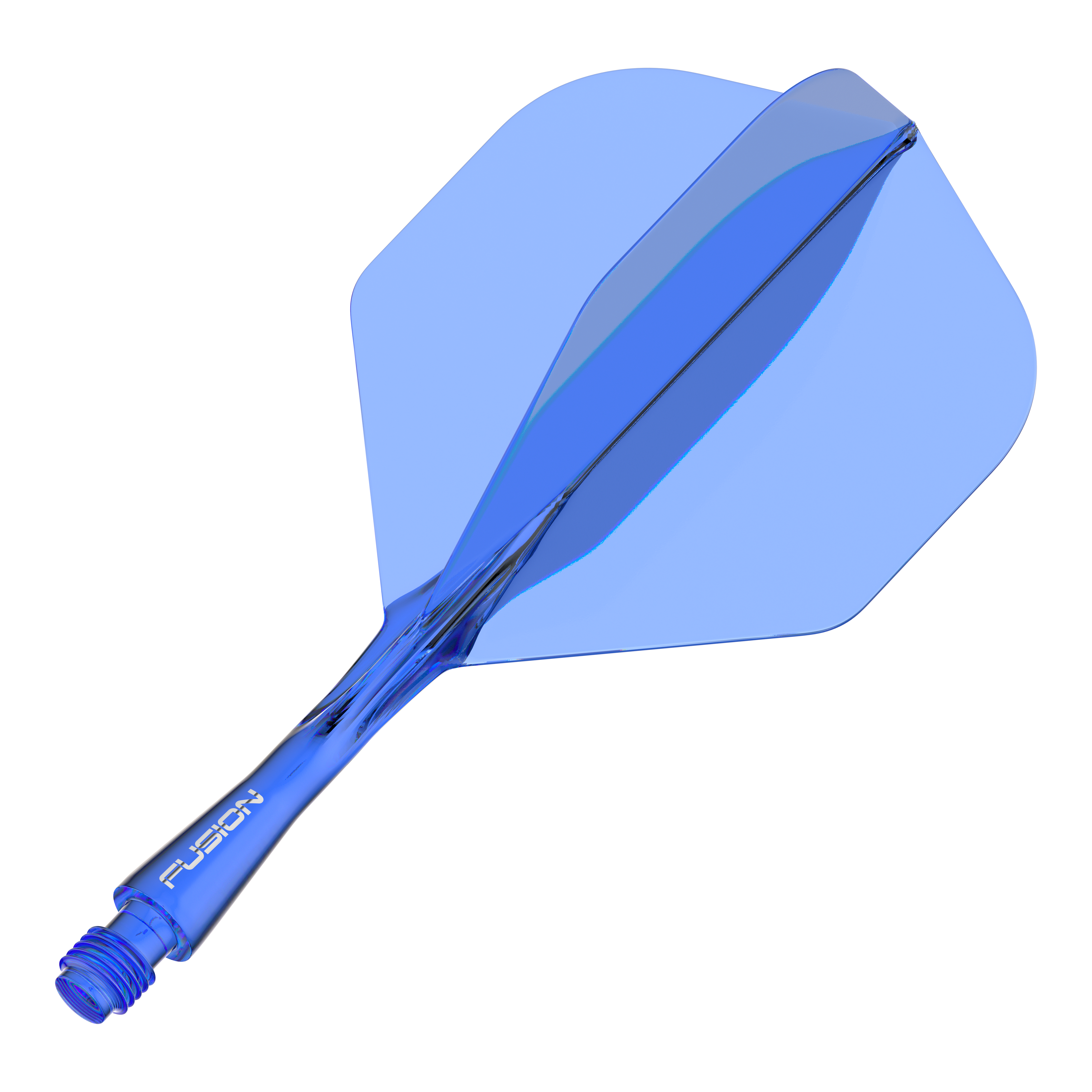 Winmau Fusion Flight Shaft System Standard Blue Das Bild zeigt ein blaues Dart-Flightsystem mit integriertem Schaft. Auf dem Schaft steht das Wort "FUSION".