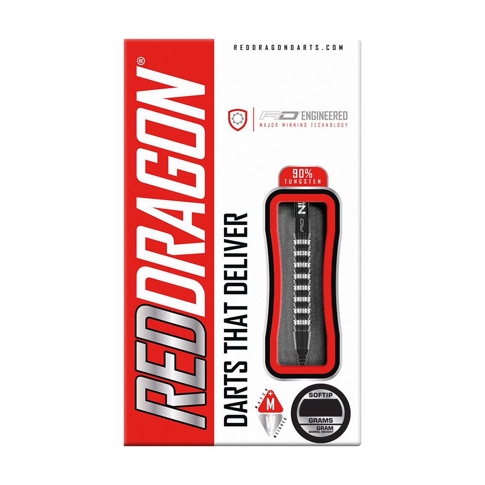 RD2535_Red_Dragon_Razor_Edge_Elite_Softdarts_3 Auf dem Bild ist die Verpackung der "Red Dragon Razor Edge Elite Softdarts - 20g" zu sehen. Die Verpackung ist rot-weiß gestaltet und zeigt einen Softdart mit dem Hinweis auf 90% Tungsten.