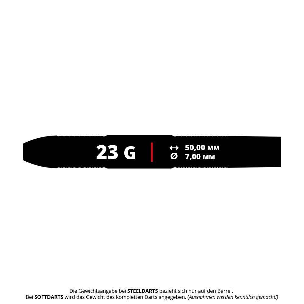 Das Bild zeigt die Produktangaben für die Bulls Challenger Sascha Stuhlemmer Steeldarts mit einem Gewicht von 23 Gramm. Der Barrel ist 50,00 mm lang und hat einen Durchmesser von 7,00 mm.