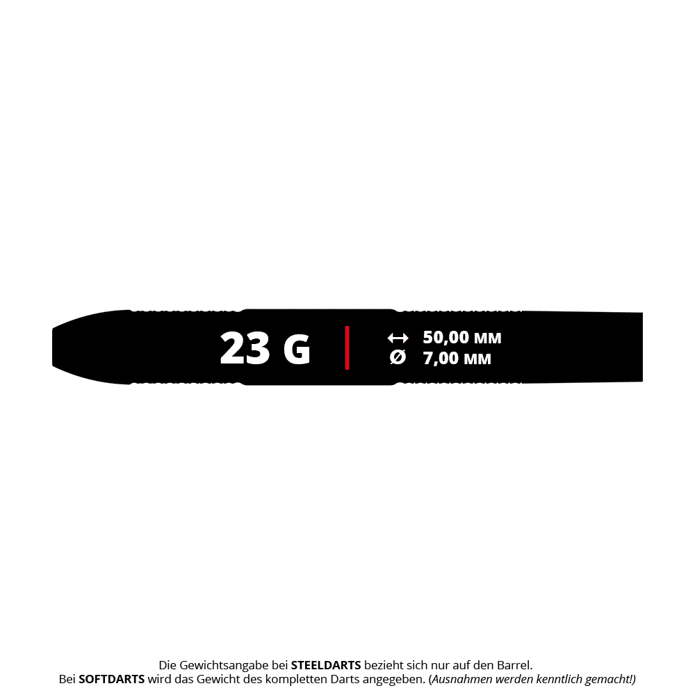Bulls Challenger Sascha Stuhlemmer Steeldarts - 23g Das Bild zeigt die Produktangaben für die Bulls Challenger Sascha Stuhlemmer Steeldarts mit einem Gewicht von 23 Gramm. Der Barrel ist 50,00 mm lang und hat einen Durchmesser von 7,00 mm.