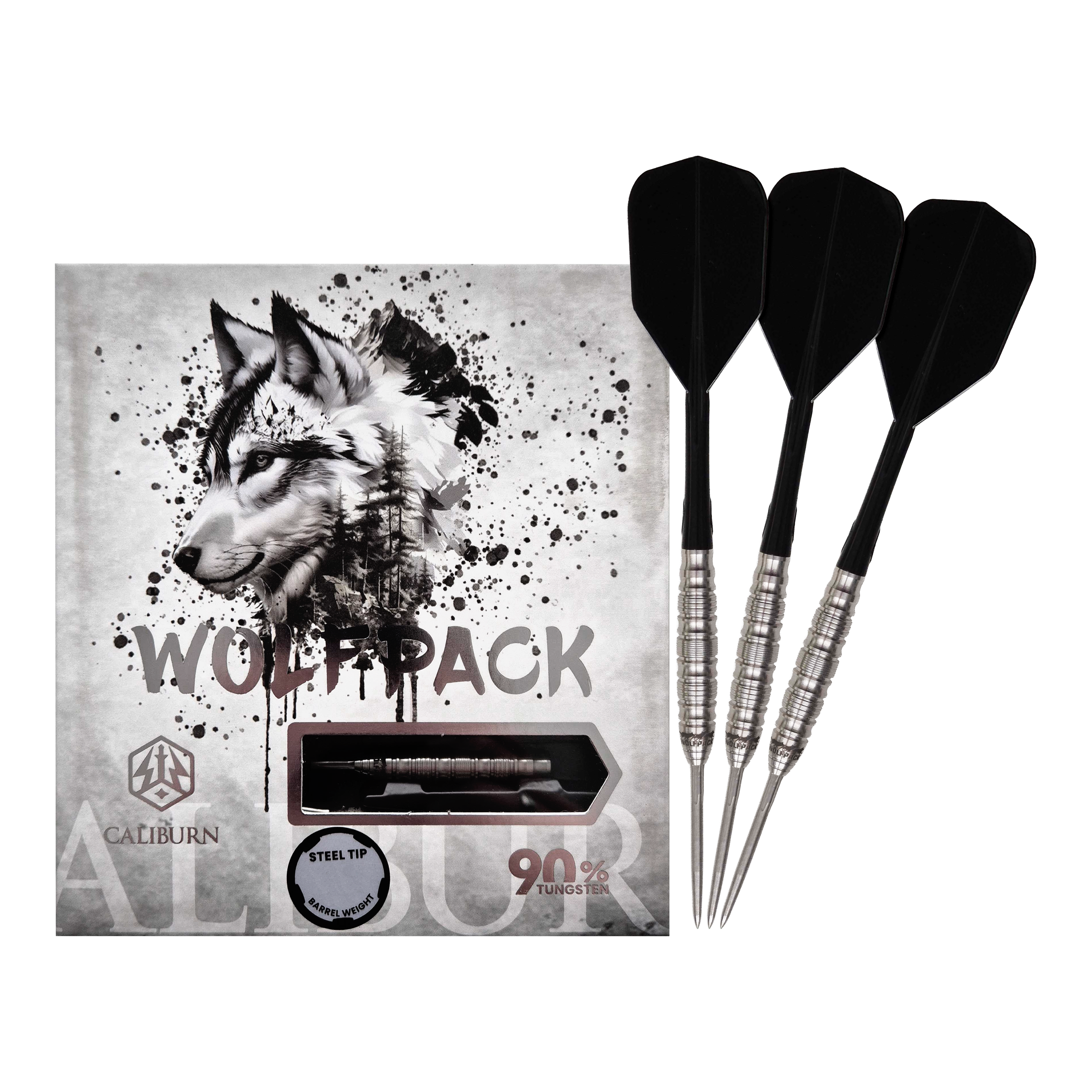 Dieses Bild zeigt die Caliburn Wolfpack W5 Steeldarts - 22g. Die Steeldarts sind für das klassische Dartspiel geeignet.