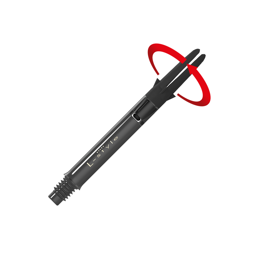 Das Bild zeigt einen schwarzen Dart-Schaft aus Carbon der Marke L-Style. Am oberen Ende ist ein roter, drehender Bewegungseffekt dargestellt.