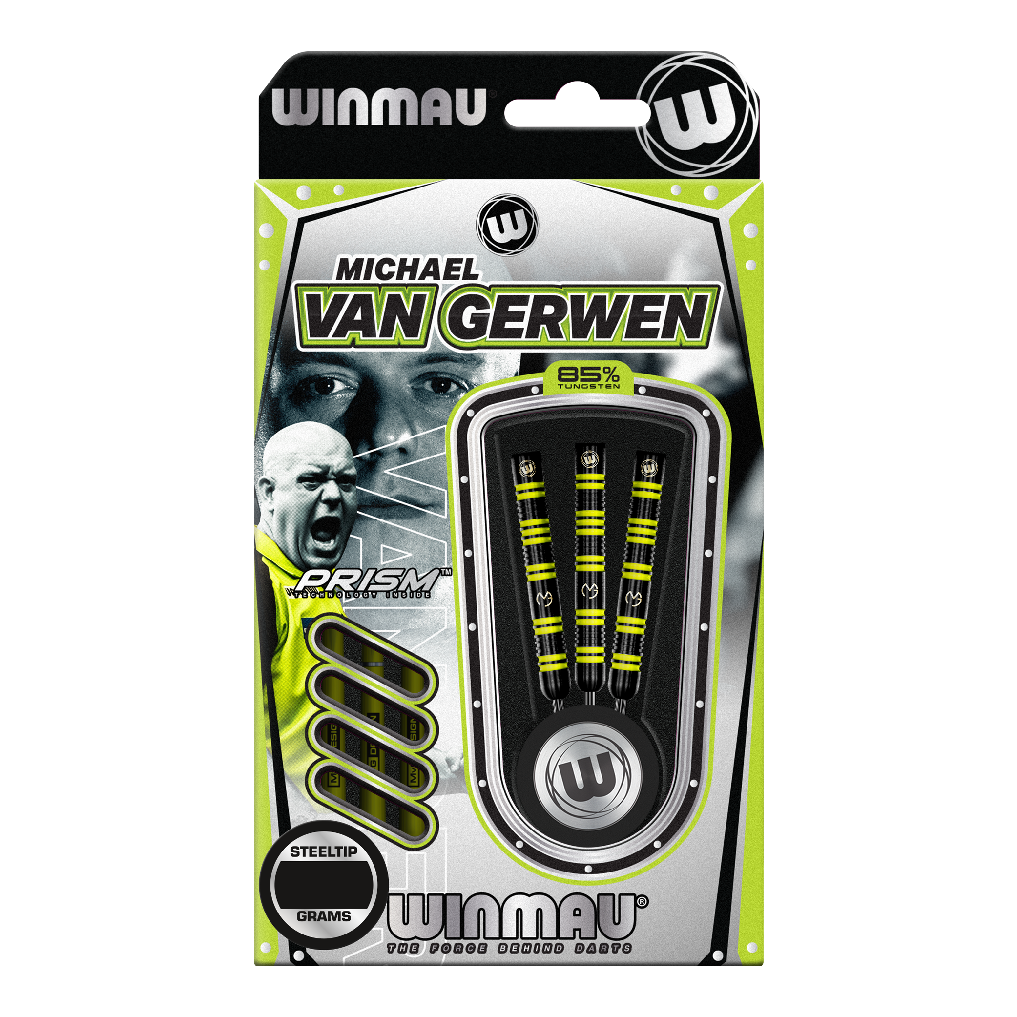 Winmau Michael Van Gerwen 85 Pro-Series steel darts Das Bild zeigt eine Packung Winmau Michael Van Gerwen 85 Pro-Series Steeldarts. In der Verpackung sind drei Dartpfeile mit gelb-schwarzem Design sichtbar.