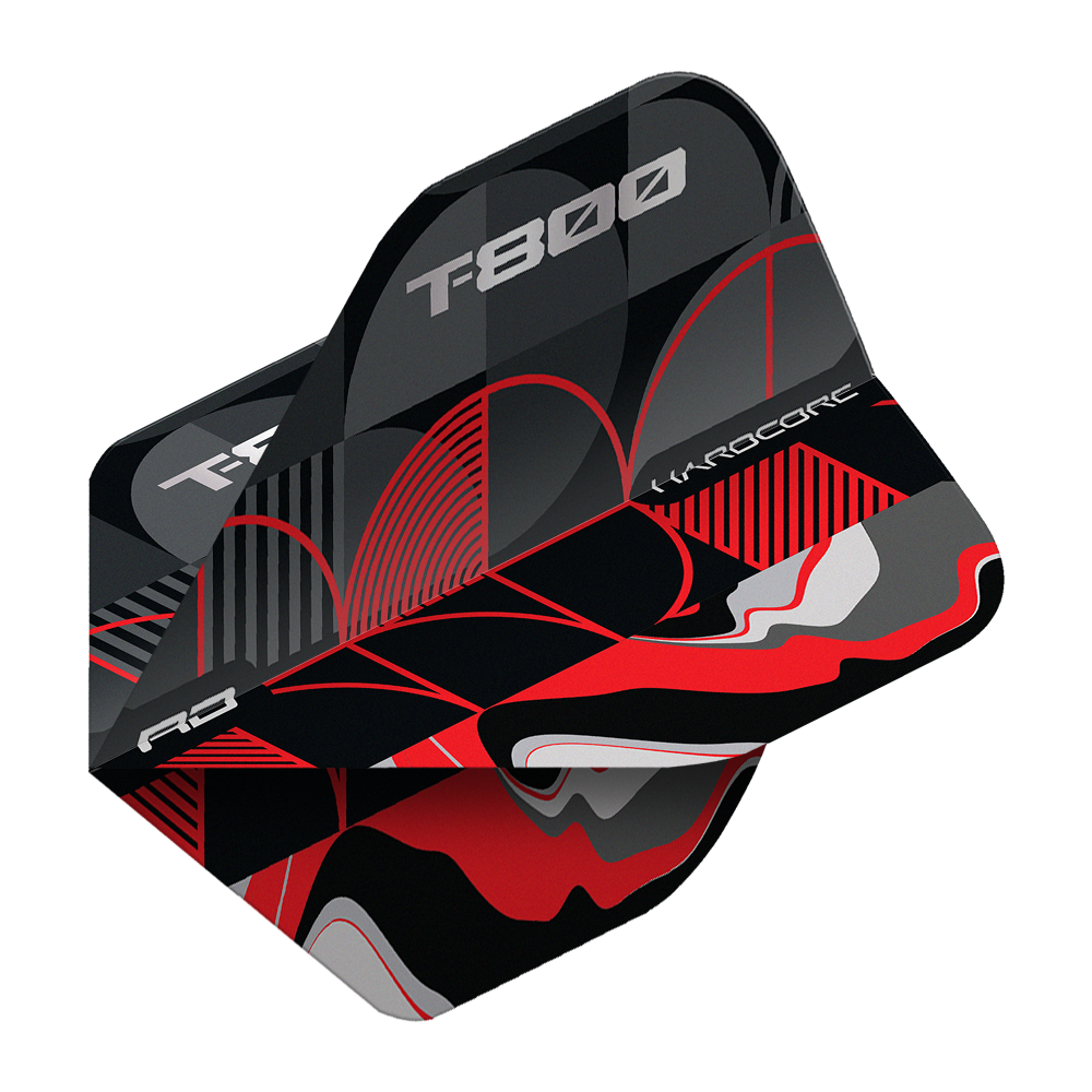 Das Bild zeigt das Produkt "Red Dragon Hardcore T-800 No2 Standard Flights". Die Flights sind schwarz, rot und grau gemustert und tragen die Aufschrift "T-800" und "Hardcore".