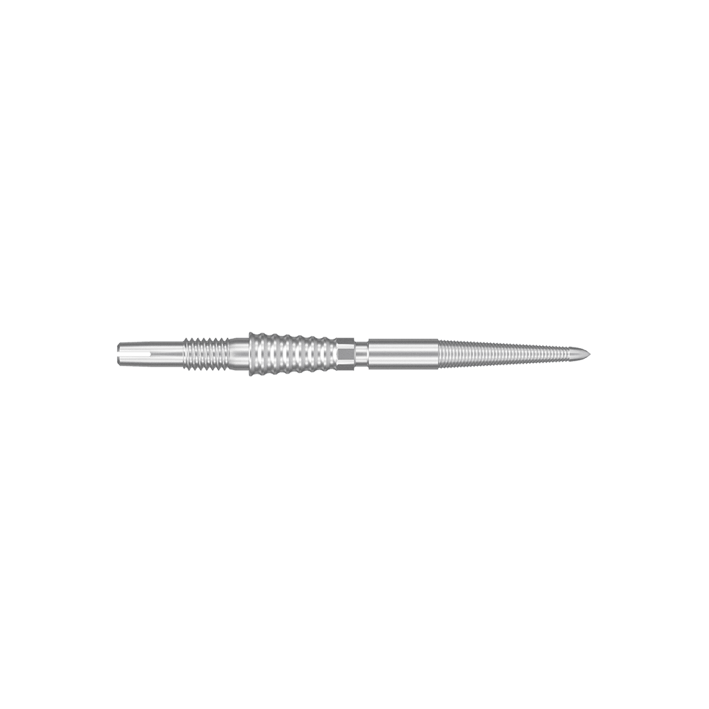 Target Swiss Storm LNC dart tips - silver Das Bild zeigt eine silberne Dartspitze. Sie ist lang, schmal und hat ein geriffeltes Griffstück in der Mitte.