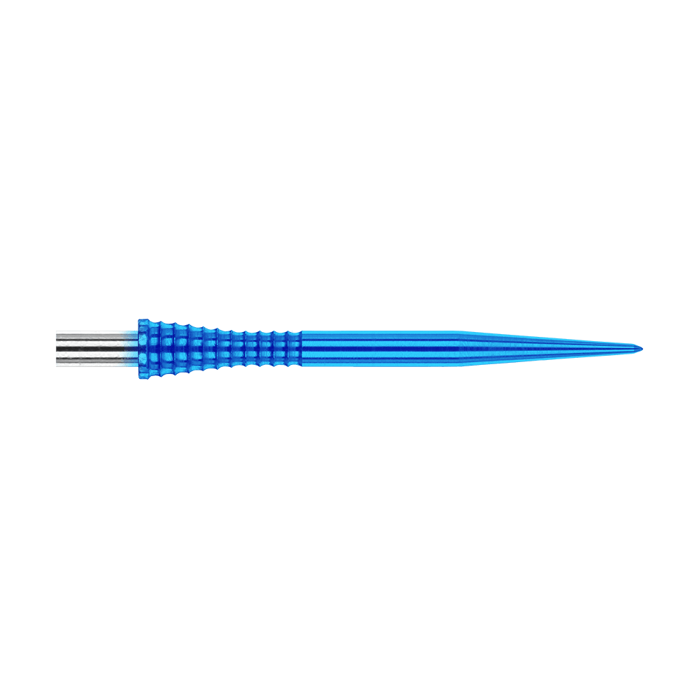 Red Dragon Raptor Gripped Blue steel dart tips 30mm Das Bild zeigt eine blaue Dartspitze mit griffiger Struktur aus Metall. Es handelt sich um das Produkt "Red Dragon Raptor Gripped Blue Steeldartspitzen 30mm".