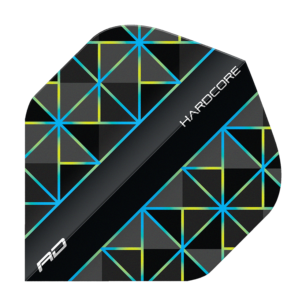 Red Dragon Hardcore Dragonfly 95 No2 Standard Flights Das Bild zeigt ein Dartflight mit geometrischem Muster in Blau, Gelb und Schwarz. Auf dem Flight steht das Wort "HARDCORE" und unten links ist das Logo "RD" zu sehen.