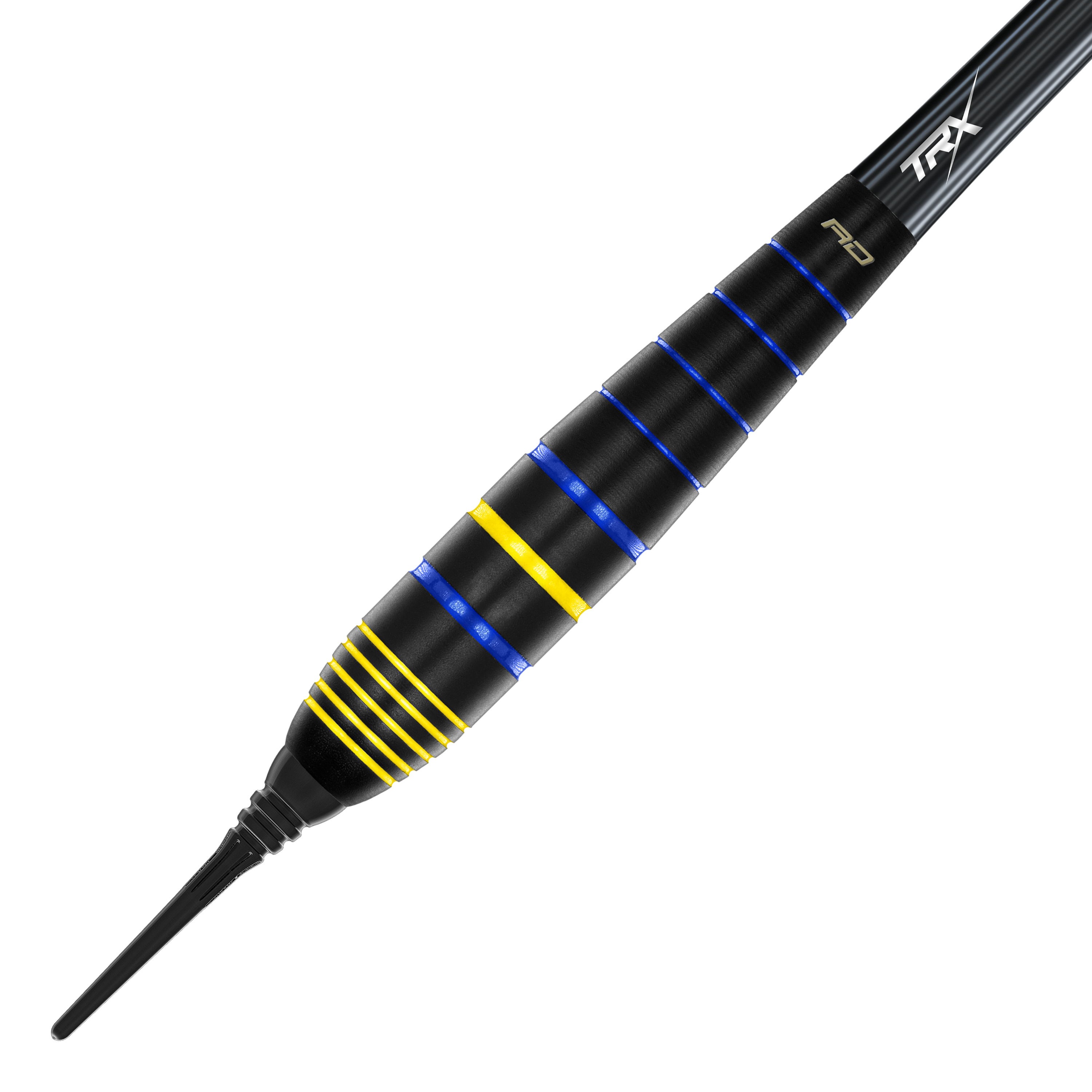 Red Dragon Luke Humphries World Champion Brass Softdarts - 20g Das Bild zeigt den Red Dragon Luke Humphries World Champion Brass Softdart mit einem Gewicht von 20g. Der Dart ist schwarz mit blauen und gelben Rillen verziert.