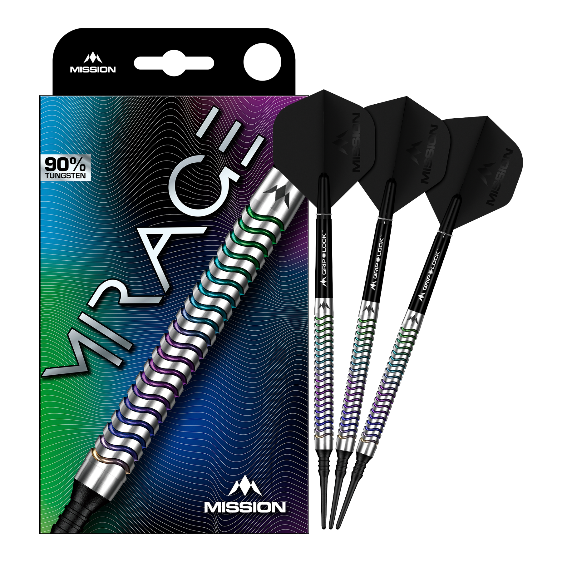 Mission Mirage soft darts - 20g Mission Mirage Softdarts - 20g sind auf diesem Bild zu sehen. Das Bild zeigt die Darts in voller Ansicht.