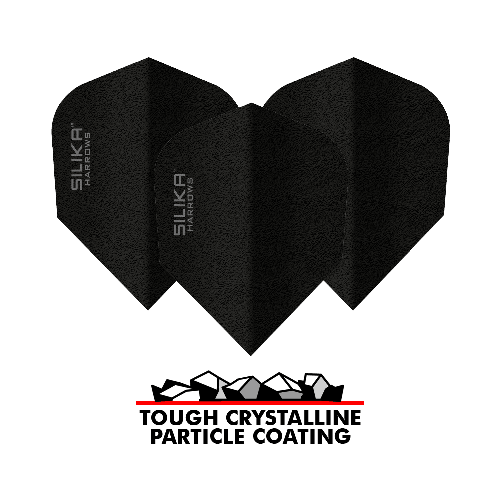 Harrows Silica Solid Tough Crystalline Coating Black No6 Flight Das Bild zeigt drei schwarze Dart-Flights der Marke Harrows Silika mit der Aufschrift "SILIKA HARROWS". Unter den Flights befindet sich ein Logo mit der Aufschrift "TOUGH CRYSTALLINE PARTICLE COATING".