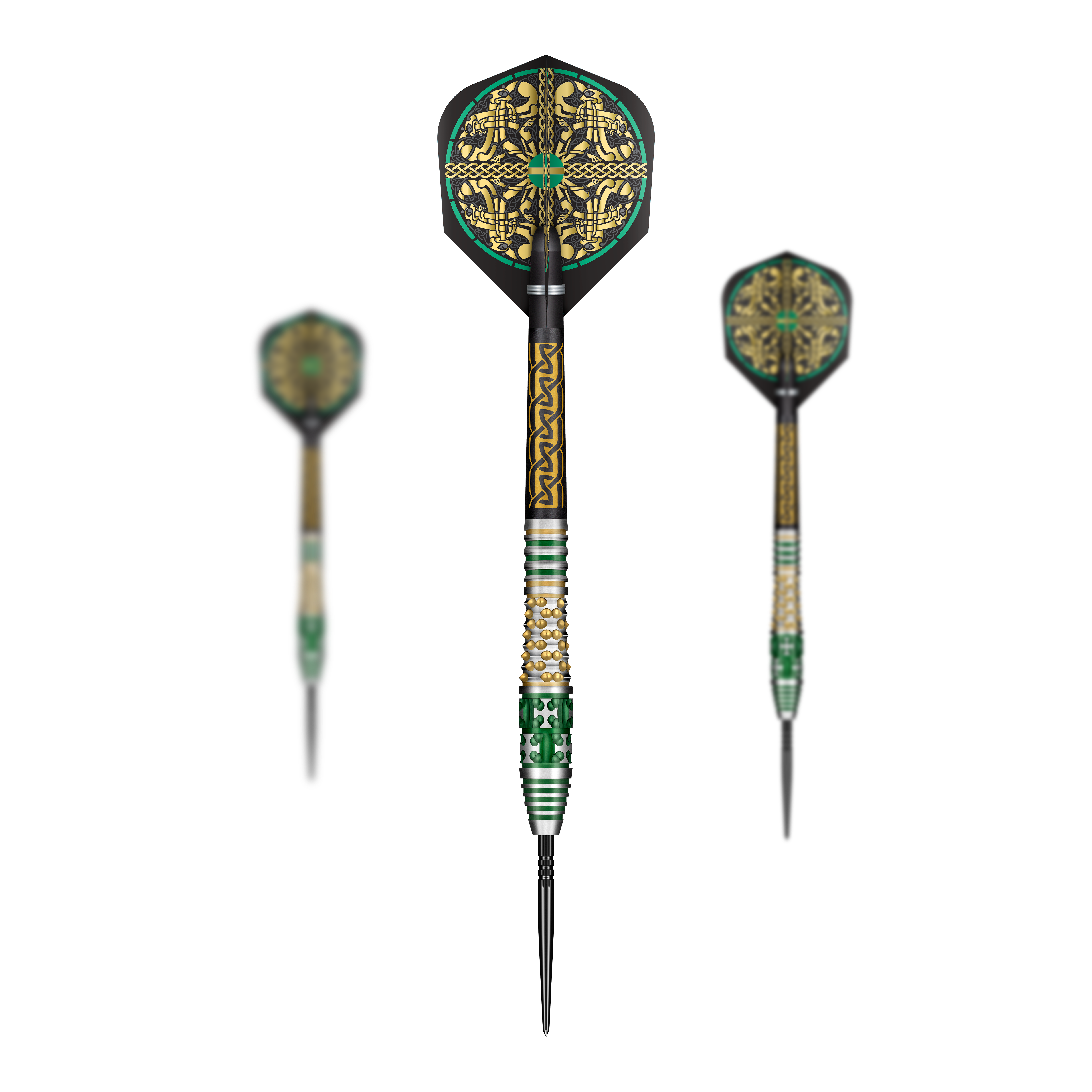 Das Bild zeigt ein Set Shot Celt Cernunnos TurboPoints Steeldarts. Die Darts sind mit Details verziert.
