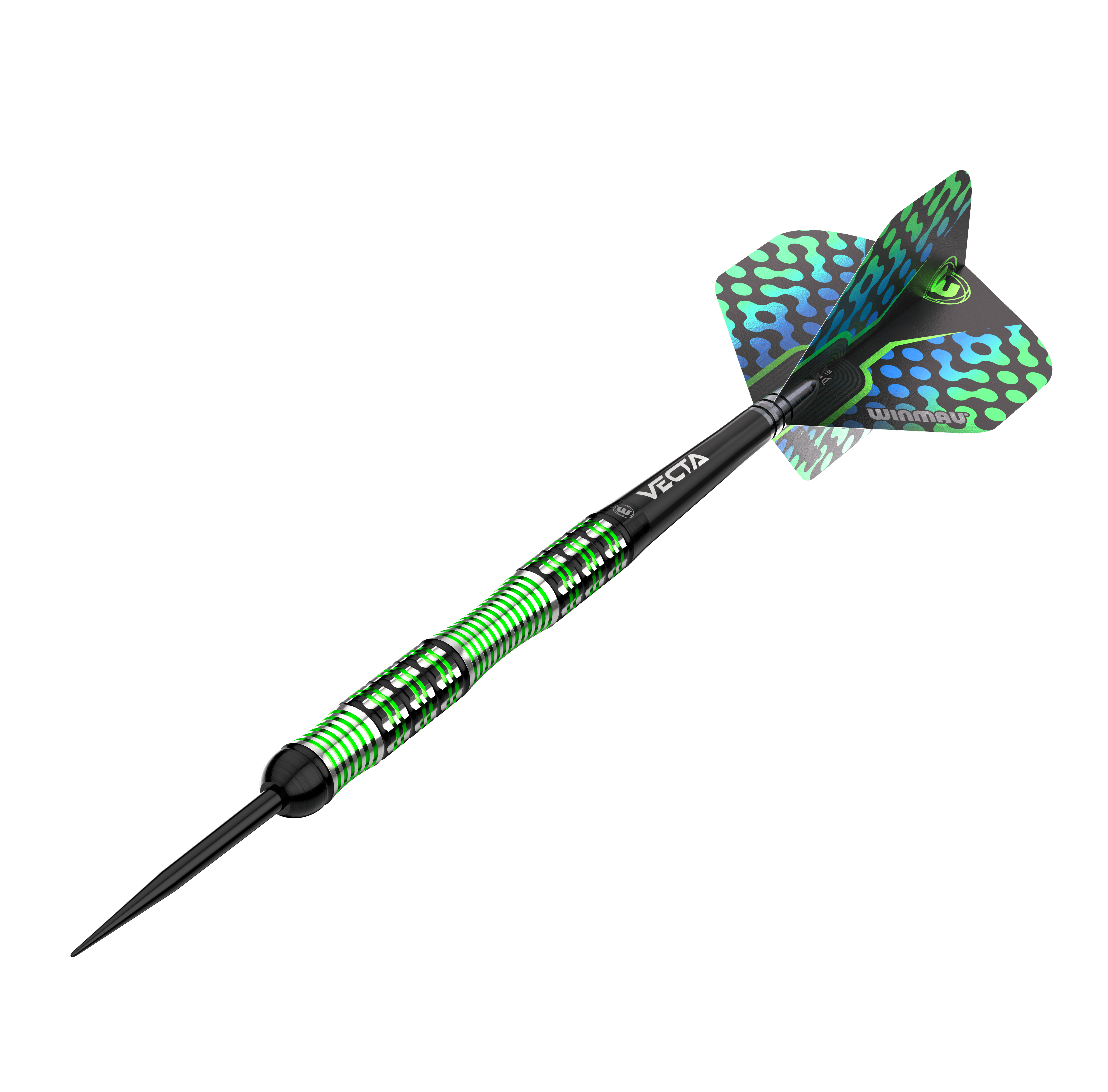 Winmau Brendan Dolan steel darts Das Bild zeigt einen Winmau Brendan Dolan Steeldart. Der Dart hat ein auffälliges Design mit grünen und schwarzen Akzenten.