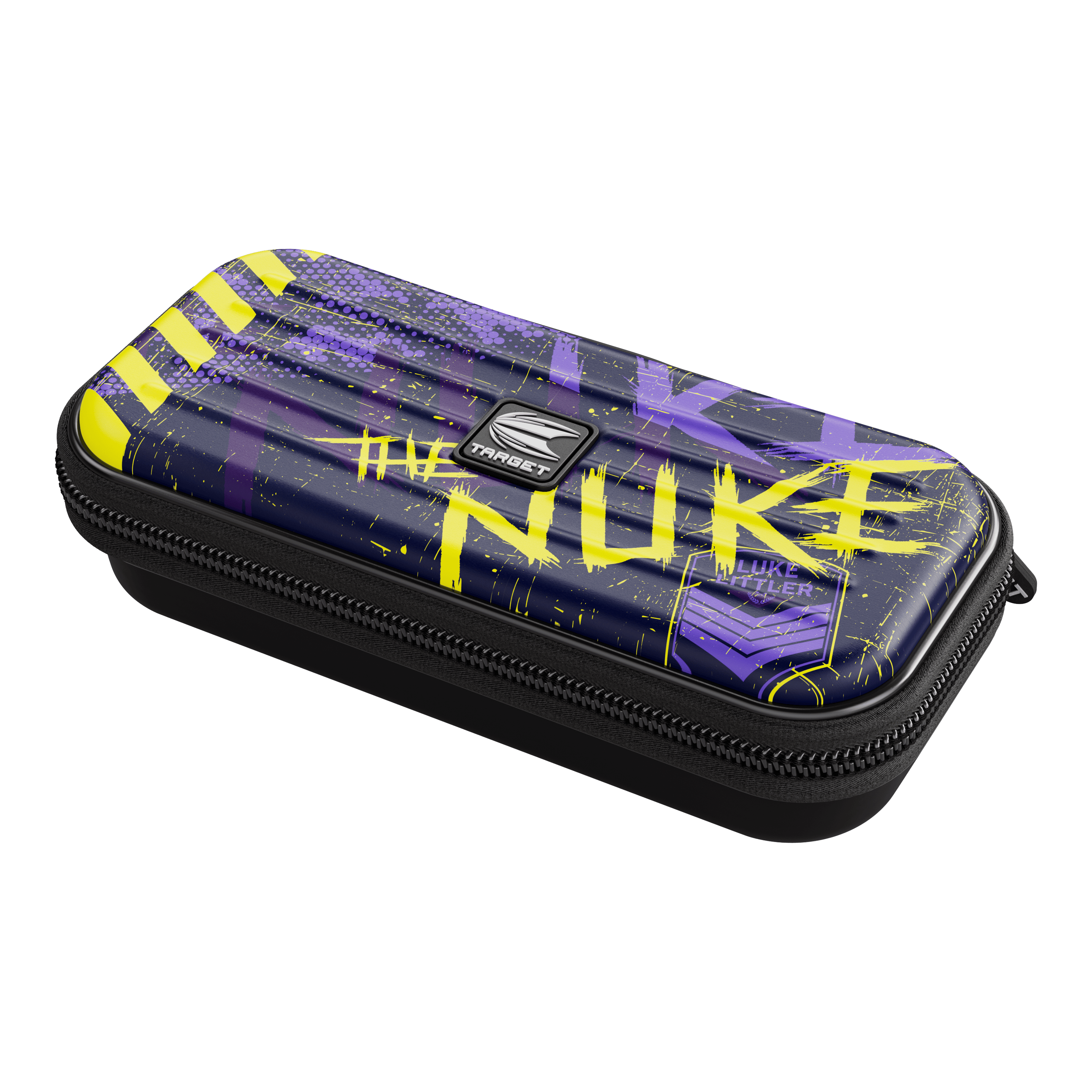 Target Takoma Luke Littler dart case Das Bild zeigt das Dartcase "Target Takoma Luke Littler" in dunklem Design mit gelben und violetten Akzenten. Auf dem Etui steht auffällig das Wort "NUKE" sowie der Name "Luke Littler".