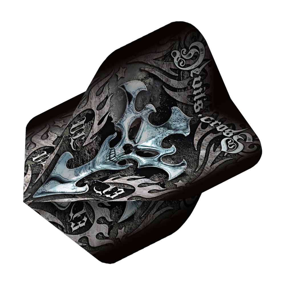 ALC1_Alchemy_Devils_Cross_Standard_Flights_2 Das Bild zeigt das Produkt "Alchemy Devils Cross No2 Standard Flights". Es ist mit einem auffälligen Totenkopf- und Kreuzdesign in dunklen Farben verziert.