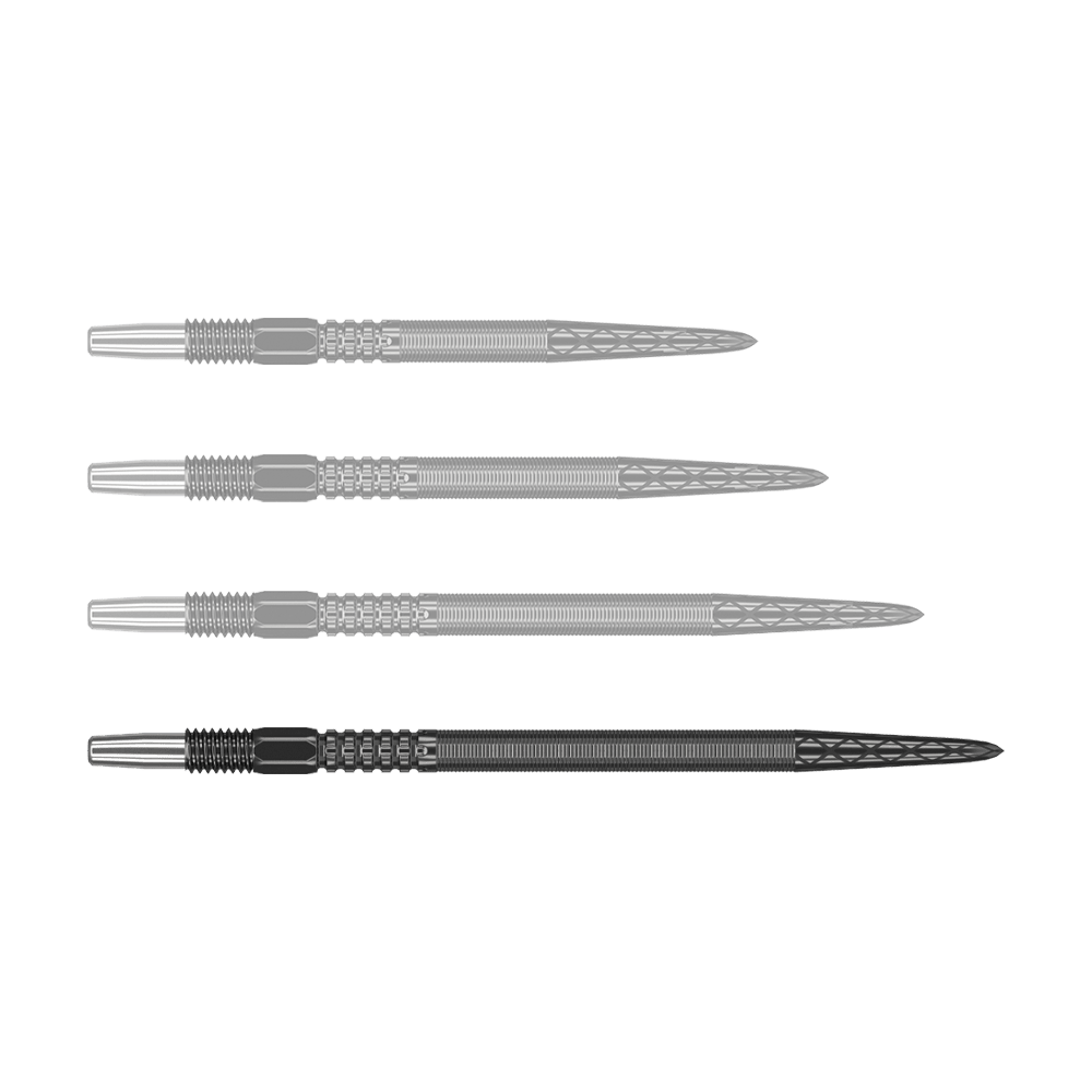 Target Swiss Point DX dart tips - Black Auf dem Bild sind vier schwarze Dartspitzen in einer Reihe zu sehen. Die Spitzen haben ein silbernes Ende und ein fein strukturiertes, geriffeltes Design.