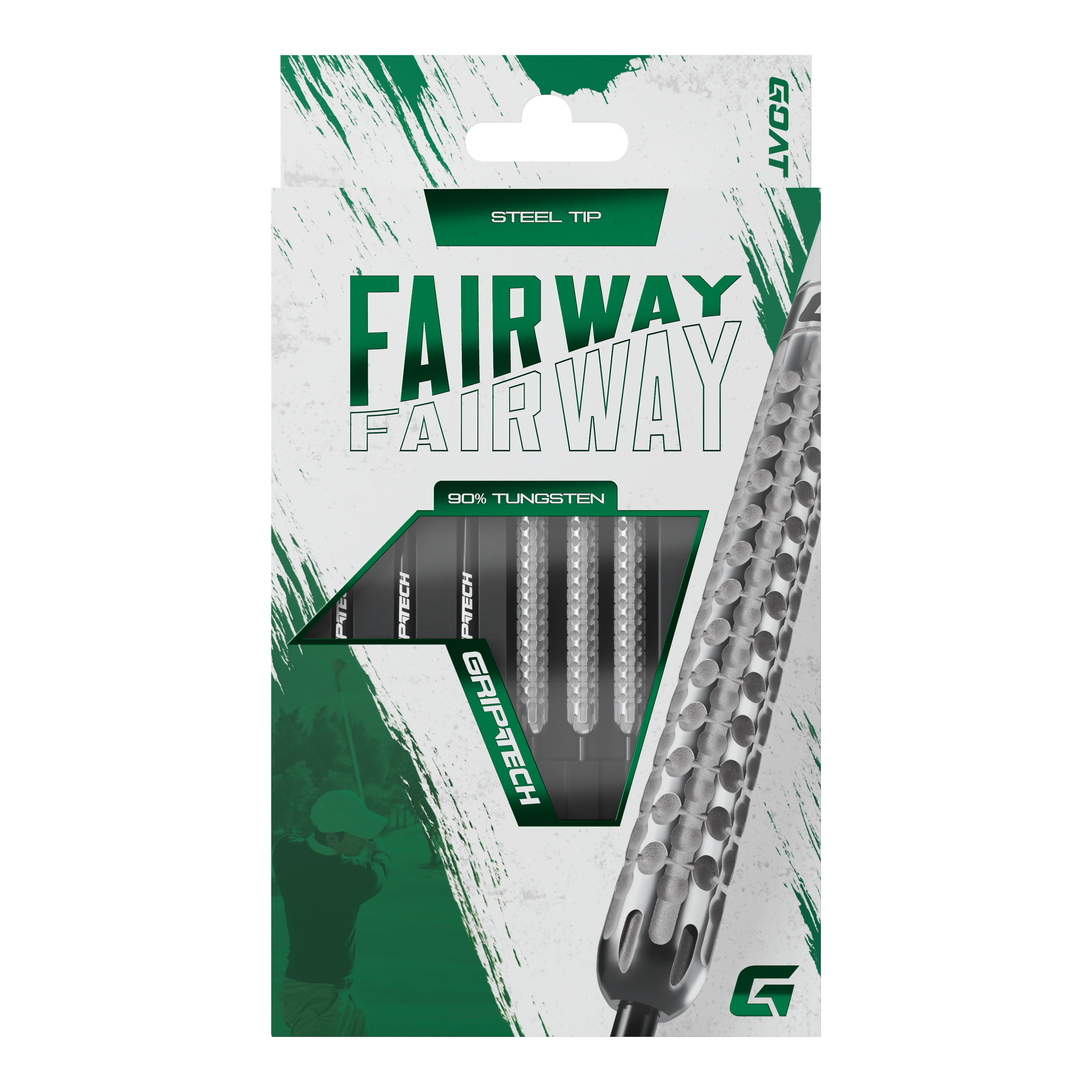 Die Abbildung zeigt eine Verpackung der GOAT Fairway V1 Tungsten Steeldarts. Die Darts haben eine Stahlspitze und bestehen zu 90% aus Tungsten.