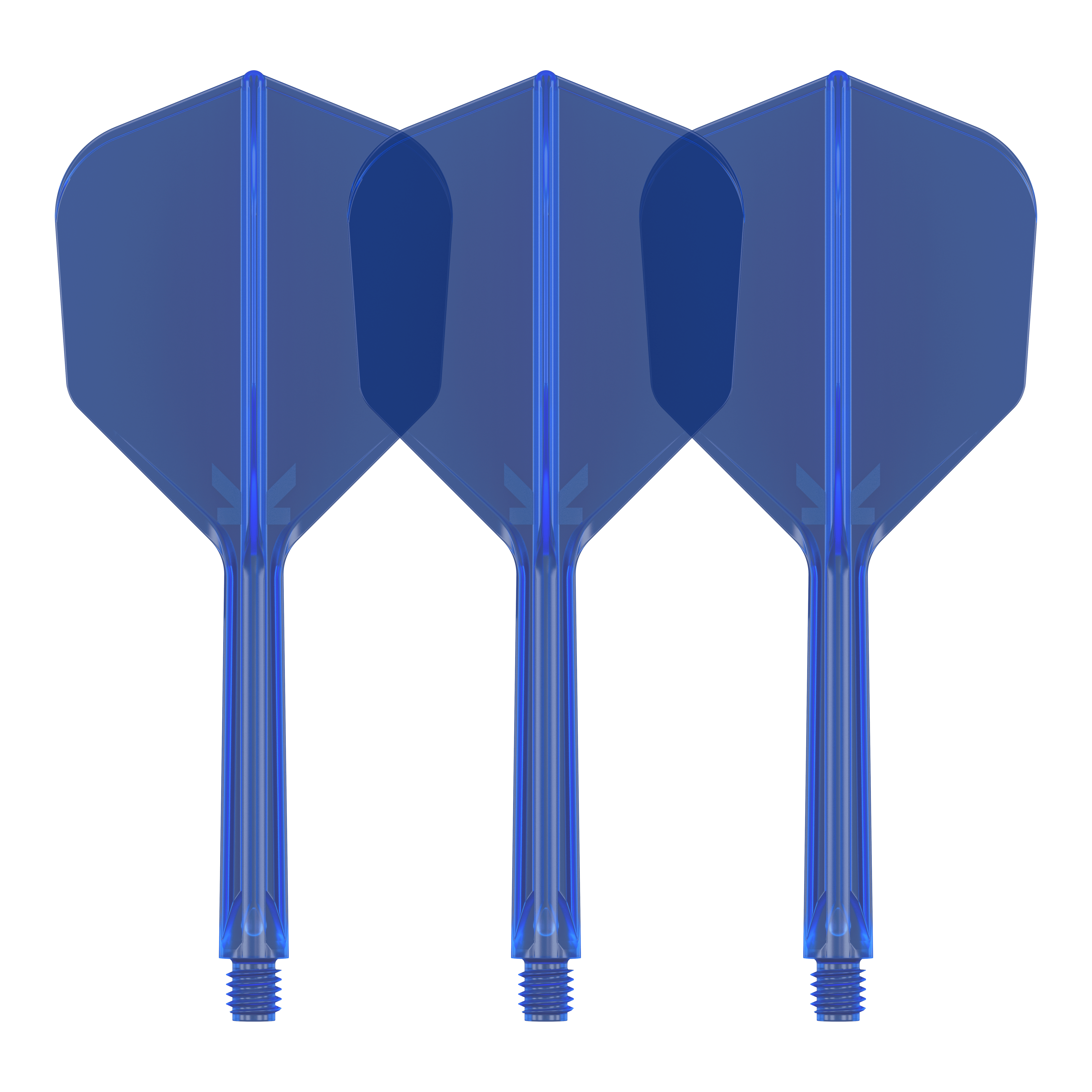 Target K-Flex No6 Flight System - Blue Das Bild zeigt drei blaue Dart-Flights mit Schäften. Sie stehen nebeneinander und sind identisch gestaltet.