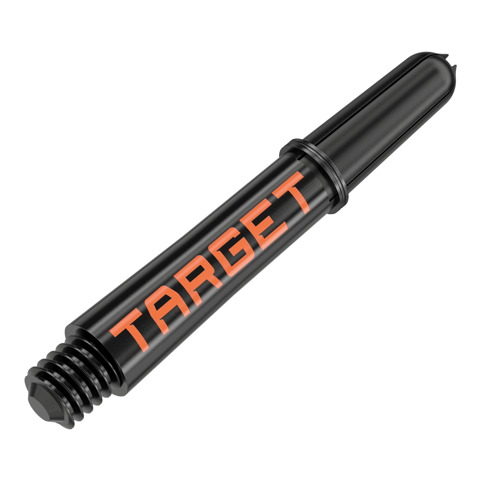Target Pro Grip TAG Shafts - 3 Sets - Black Orange Das Bild zeigt einen schwarzen Dart-Schaft mit orangener Aufschrift "TARGET". Er hat ein Schraubgewinde an einem Ende und ist 34 mm lang.