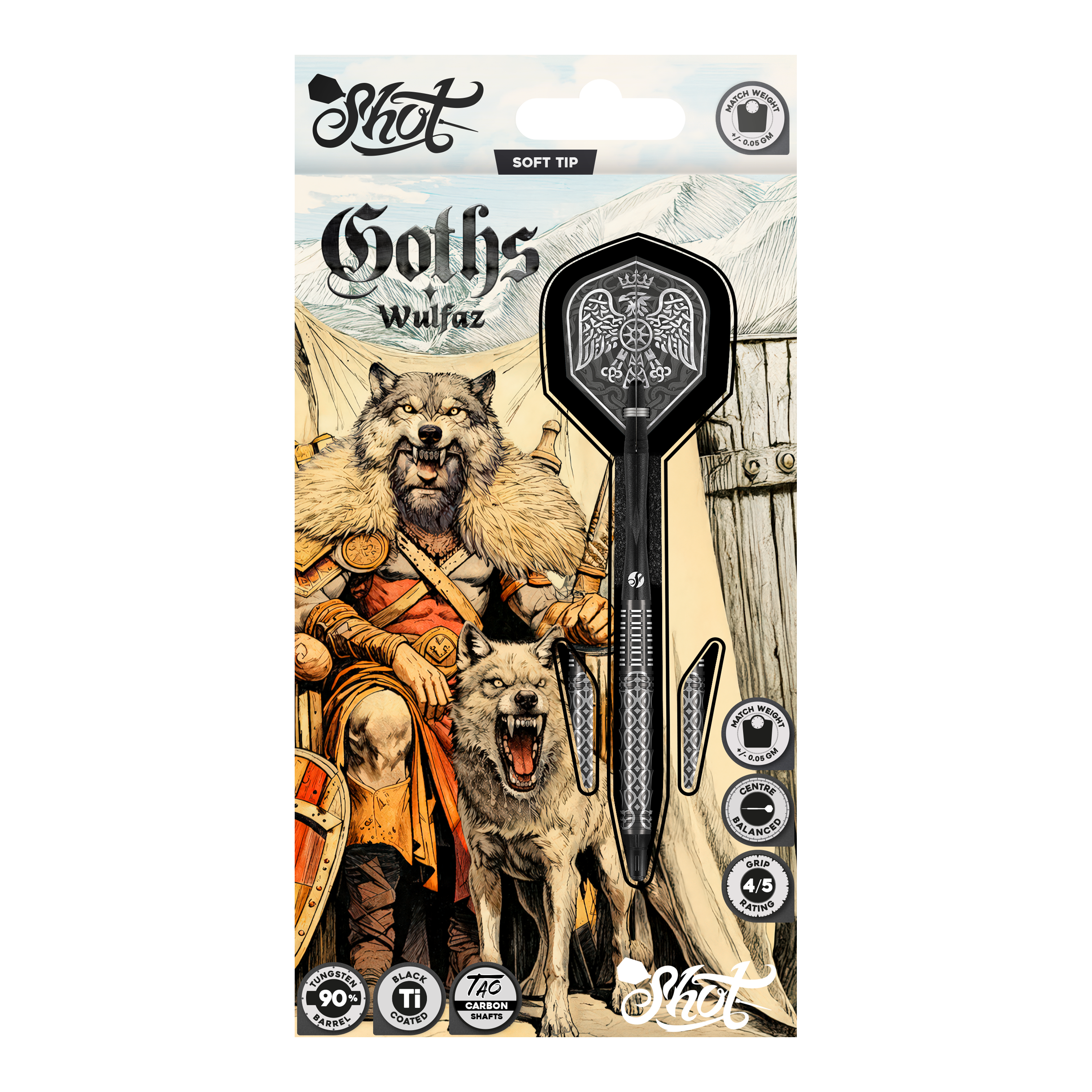 Shot Goths Wulfaz soft darts - 20g Auf dem Bild sind die Shot Goths Wulfaz Softdarts mit 20g Gewicht zu sehen. Das moderne Design sorgt für ein optimales Dartspiel.