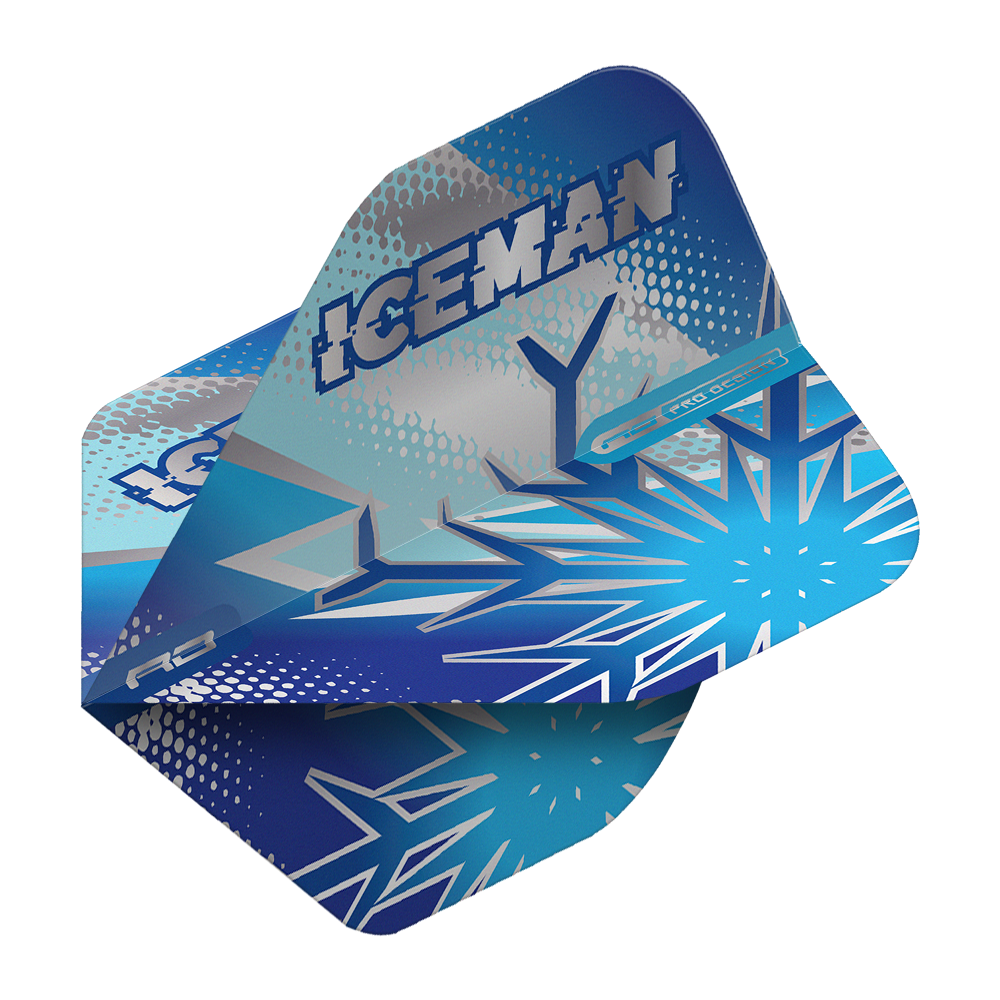 Das Bild zeigt die Dartflights „Red Dragon Gerwyn Price Blue Flake No2 Standard Flights“ in Blau mit Eiskristall-Design. Auf den Flights steht groß das Wort „ICEMAN“.