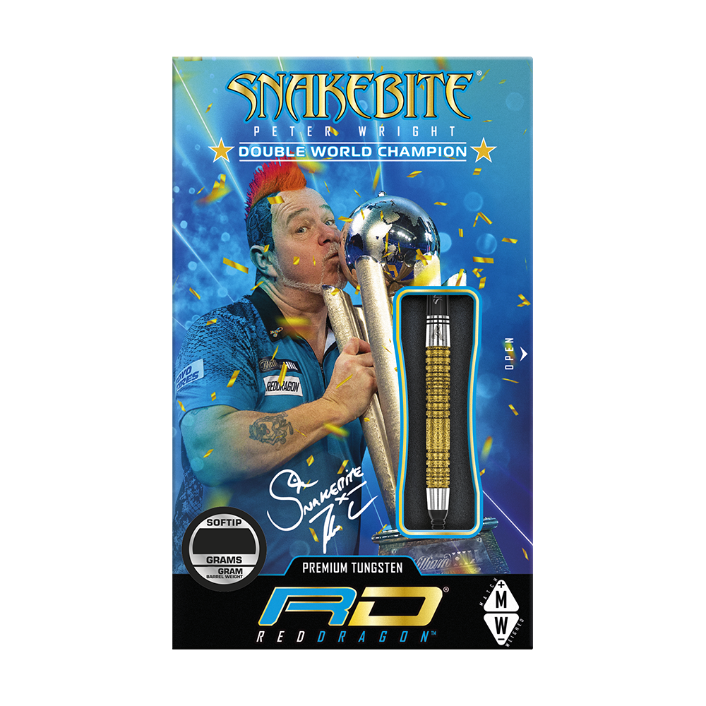 Red Dragon Peter Wright Double World Champion SE Gold Plus Softdarts - 20g Das Bild zeigt die Verpackung der "Red Dragon Peter Wright Double World Champion SE Gold Plus Softdarts - 20g". Auf der Verpackung ist ein Bild von Peter Wright mit Pokal und einem goldfarbenen Dart abgebildet.
