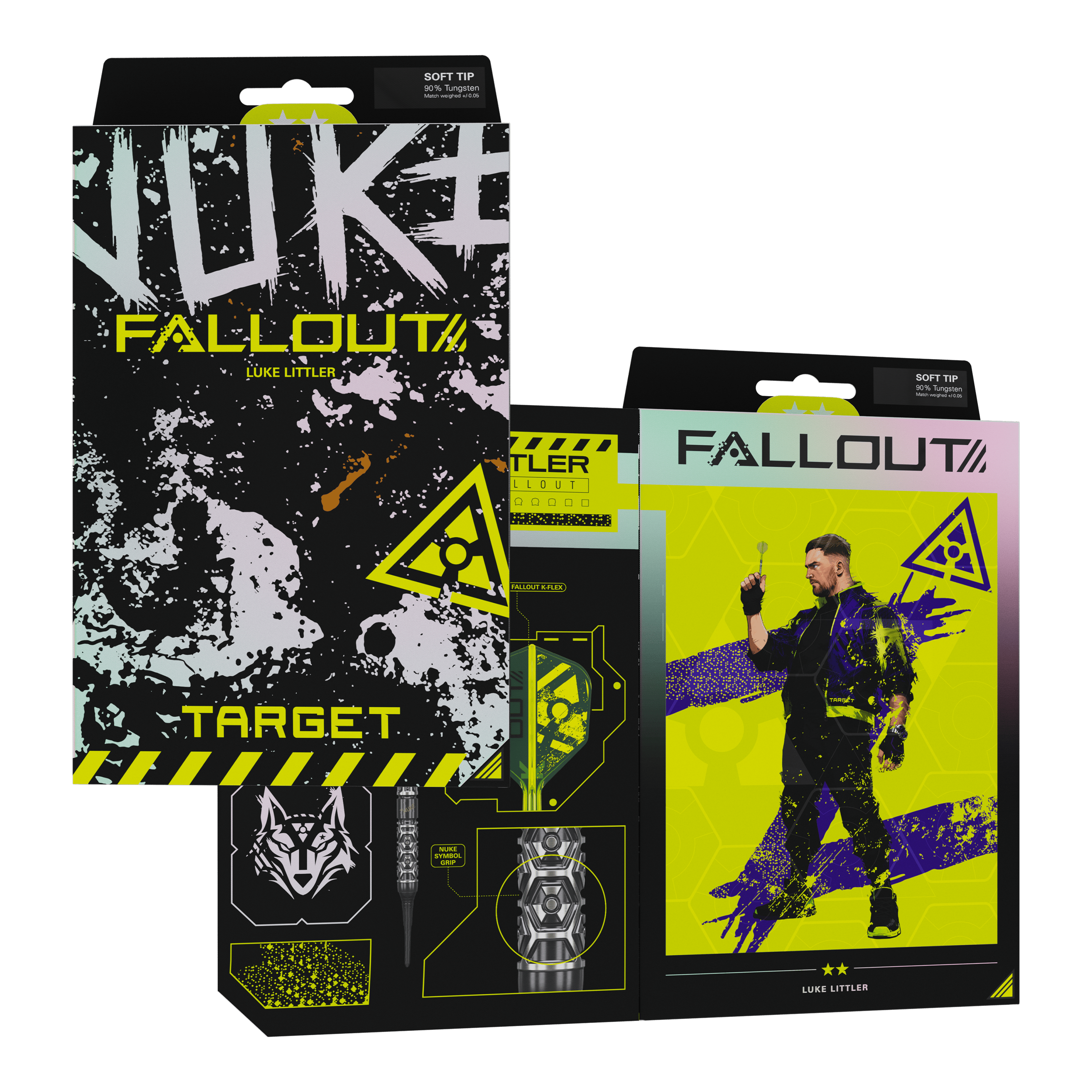 Target Luke Littler Nuke Fallout Soft Darts - 19g Das Foto zeigt die Target Luke Littler Nuke Fallout Softdarts - 19g. Das Produkt eignet sich für den Softdartbereich.