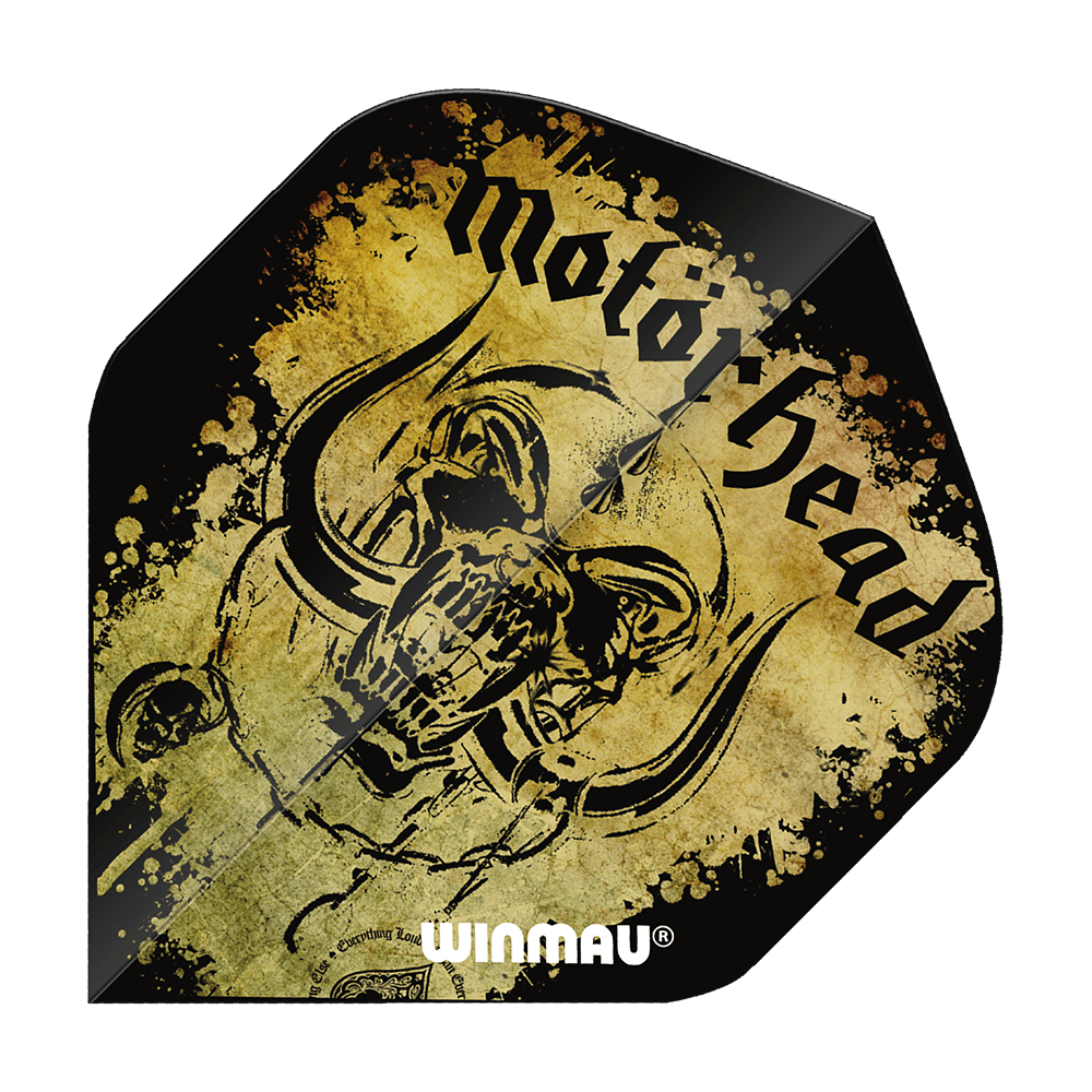6905-241_Winmau_Motorhead_Acid_Splat_Standard_Flights_1 Das Bild zeigt einen Dart-Flügel mit dem Schriftzug "Motörhead" und einem auffälligen Totenkopf-Design. Unten steht das Logo "Winmau" auf einem gelb-schwarzen, gesprenkelten Hintergrund.