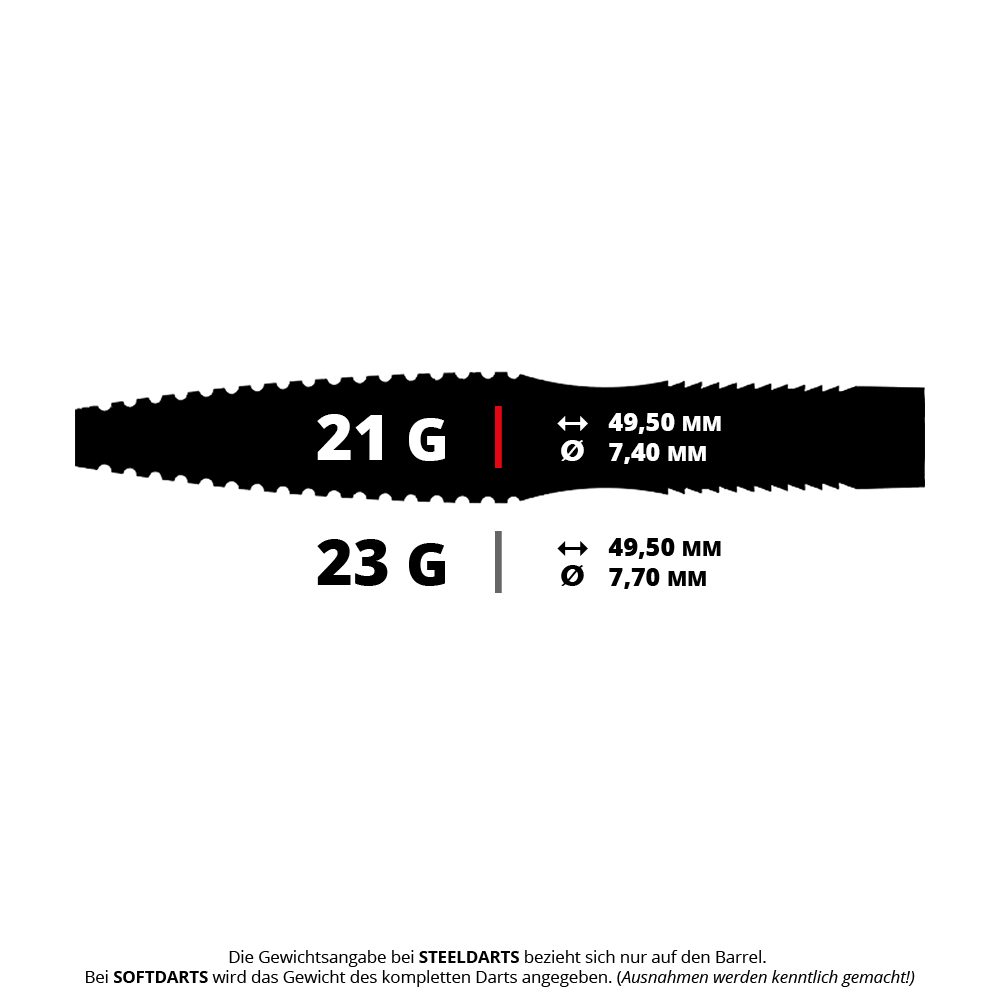 Das Bild zeigt Caliburn V-Series V1 Steeldarts mit einem Gewicht von 21 Gramm. Die Abbildung stellt Steeldarts für den Dart-Sport dar.