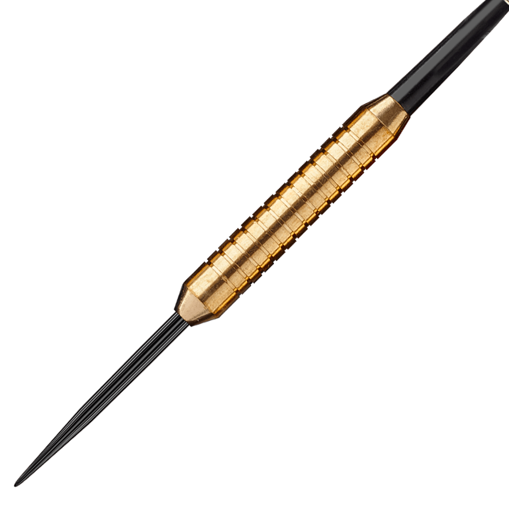 1225-22_Winmau_Broadside_Brass_Steeldarts_2 Das Bild zeigt einen Winmau Broadside Brass Steeldart mit einem Gewicht von 22 Gramm. Der Dart hat eine messingfarbene, gerillte Oberfläche und eine schwarze Spitze.
