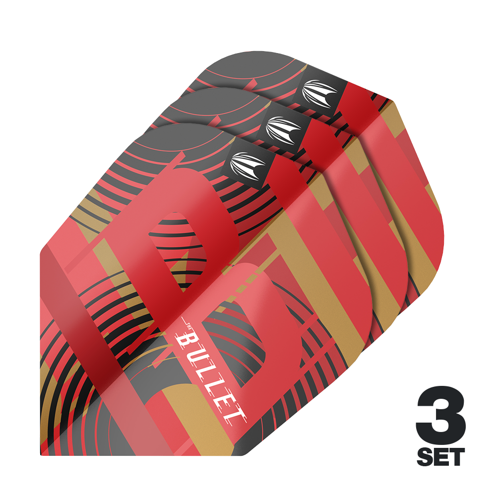 Target Pro Ultra Stephen Bunting GEN5 No6 Flights - 3 Sets Das Bild zeigt drei Sätze der Target Pro Ultra Stephen Bunting GEN5 No6 Flights. Die Flights sind rot, schwarz und gold gefärbt und tragen das Wort "BULLET".