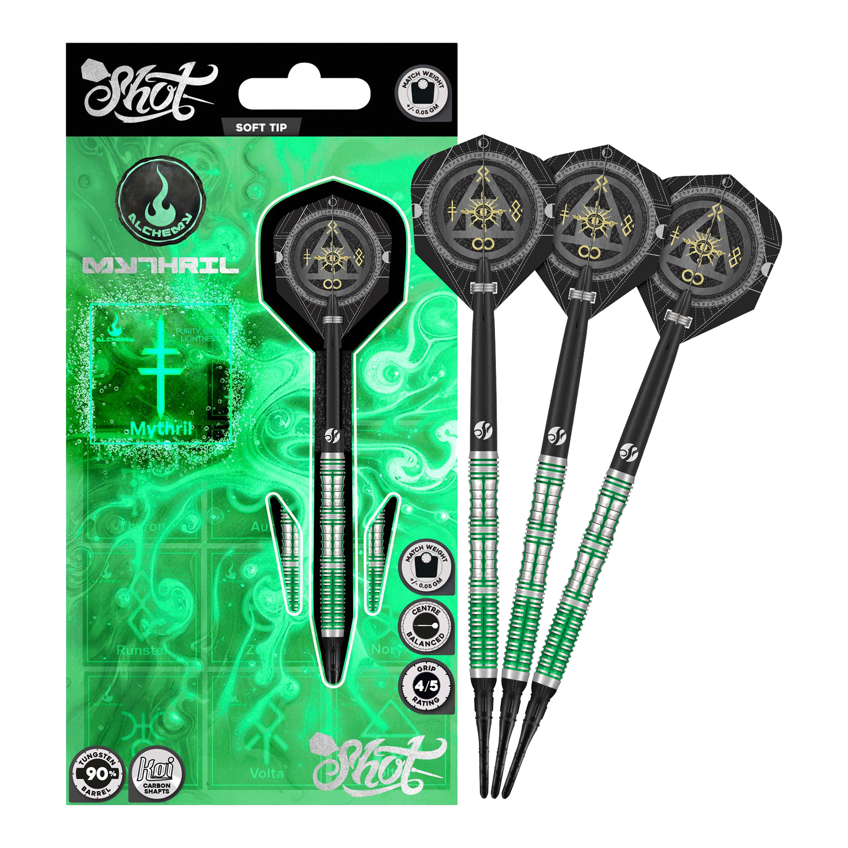 Shot Alchemy Mythril Soft Darts - 20g Abgebildet sind die Shot Alchemy Mythril Softdarts - 20g in voller Ansicht. Das Produkt wird komplett dargestellt.