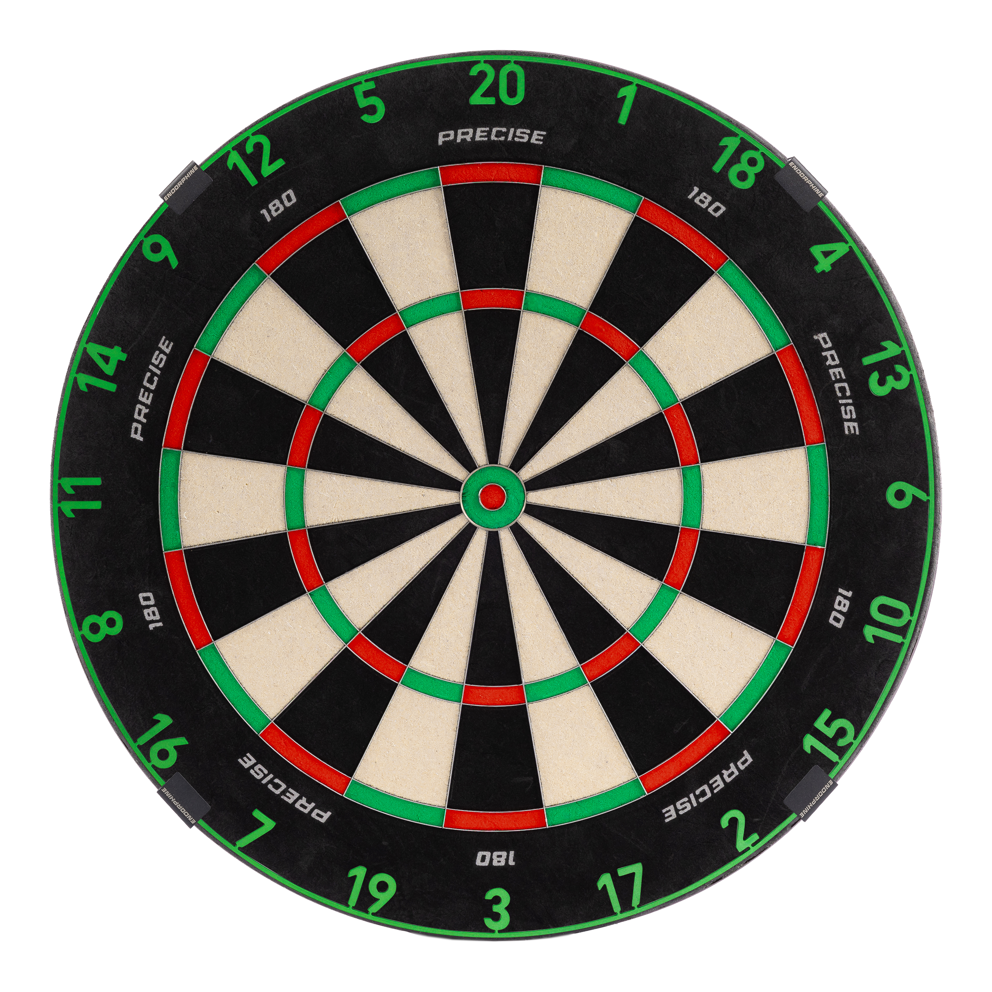 Precise 180 Endorphine Steel Dartboard with Numbered Ring - Emerald Green Zu sehen ist ein Precise 180 Endorphine Steeldartboard mit Nummernring. Es bietet ein klassisches Dartboard-Design.